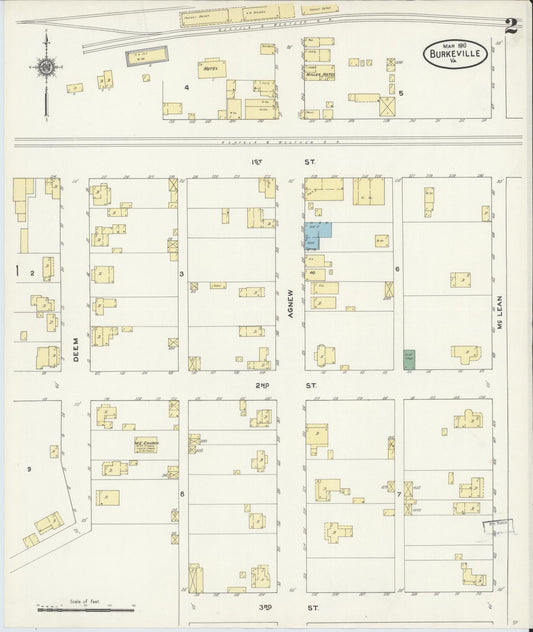 Sanborn Fire Insurance Map from Burkeville, Nottoway County, Virginia (1910), Sheet #0002 - Historic Sanborn Fire Insurance Map Print, vintage old map wall art, antique decor, genealogy gift, Virginia Virginia map