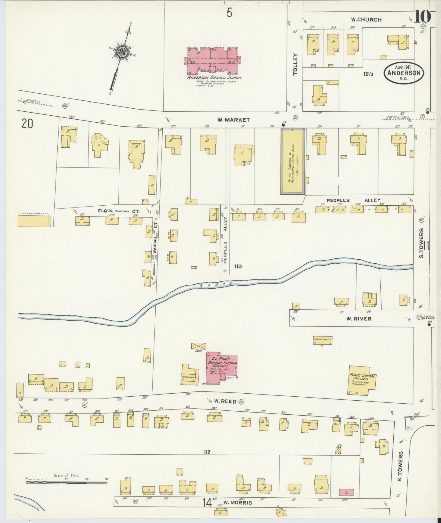 Sanborn Fire Insurance Map from Anderson, Anderson County, South Carolina (1911), Sheet #0010 - Complete Map Set gallery image, historic Sanborn map, vintage wall art, South Carolina South Carolina