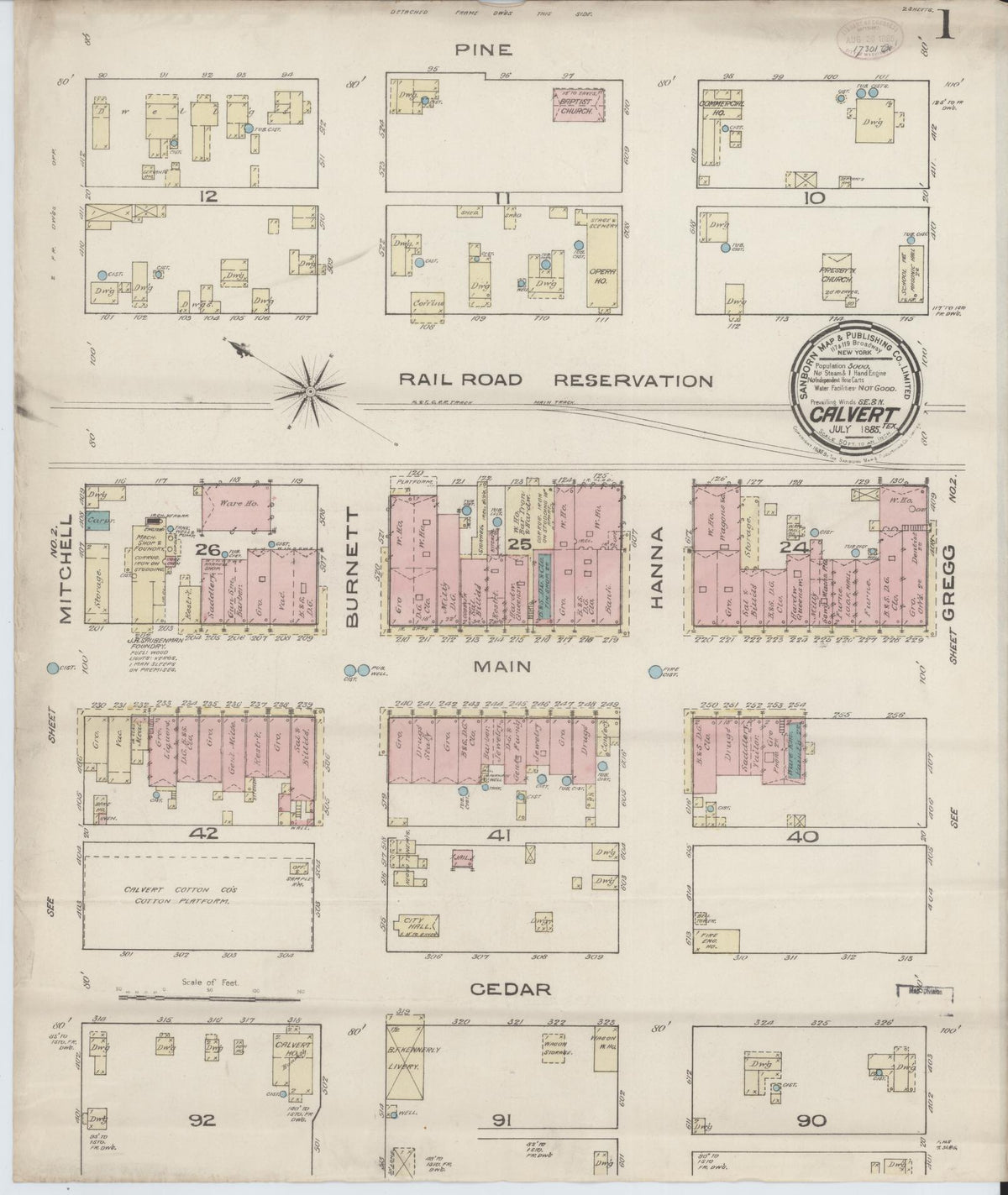 Sanborn Fire Insurance Map from Calvert, Robertson County, Texas (1885), Sheet #0001 - Complete Map Set gallery image, historic Sanborn map, vintage wall art, Texas Texas