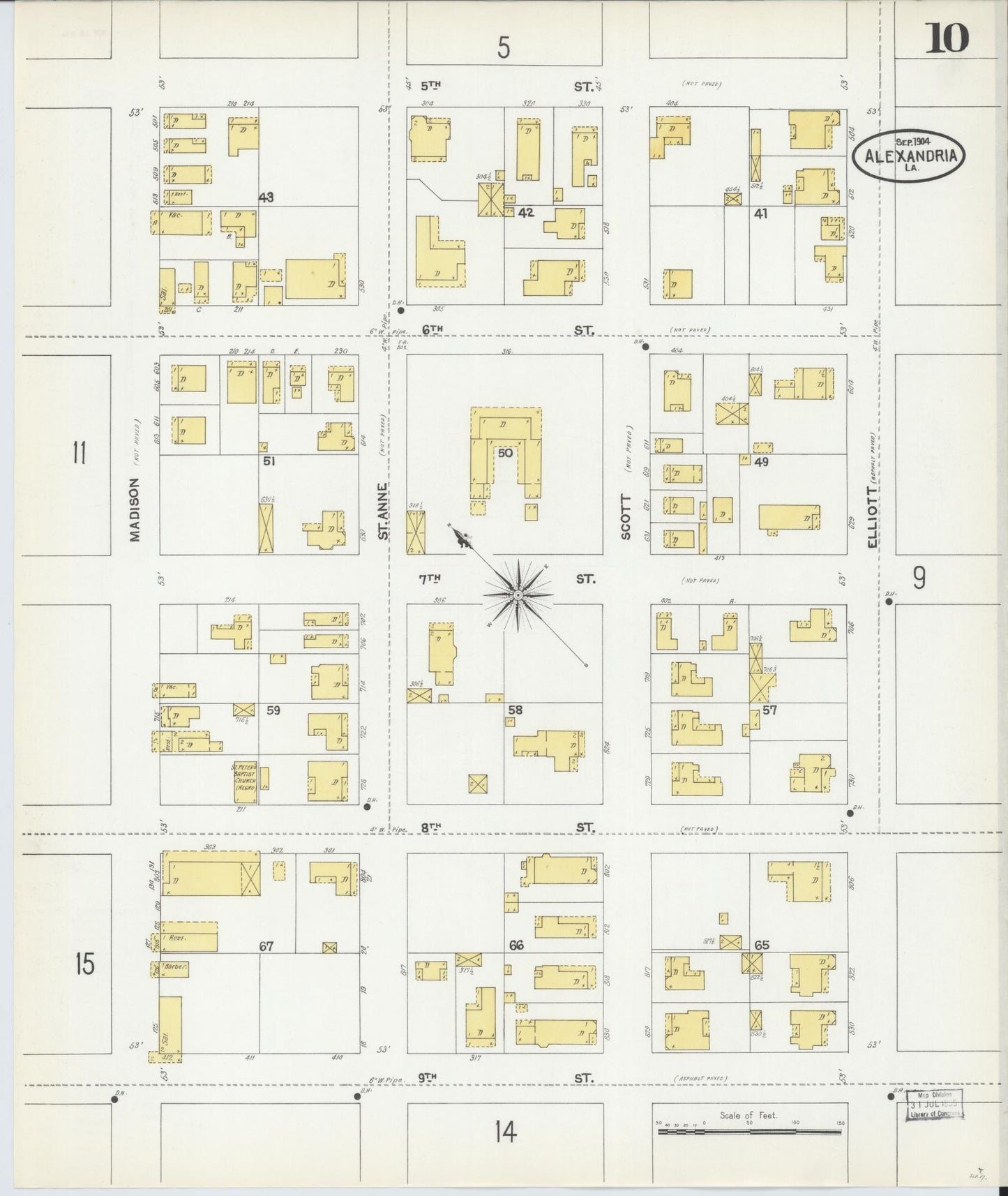Sanborn Fire Insurance Map from Alexandria, Rapides Parish, Louisiana (1904), Sheet #0010 - Historic Sanborn Fire Insurance Map Print, vintage old map wall art, antique decor, genealogy gift, Louisiana Louisiana map