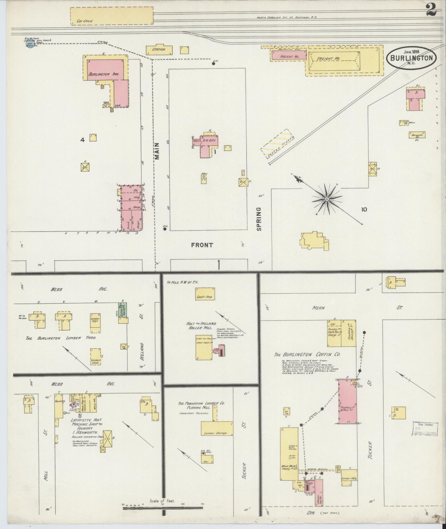 Sanborn Fire Insurance Map from Burlington, Alamance County, North Carolina (1898), Sheet #0002 - Complete Map Set gallery image, historic Sanborn map, vintage wall art, North Carolina North Carolina