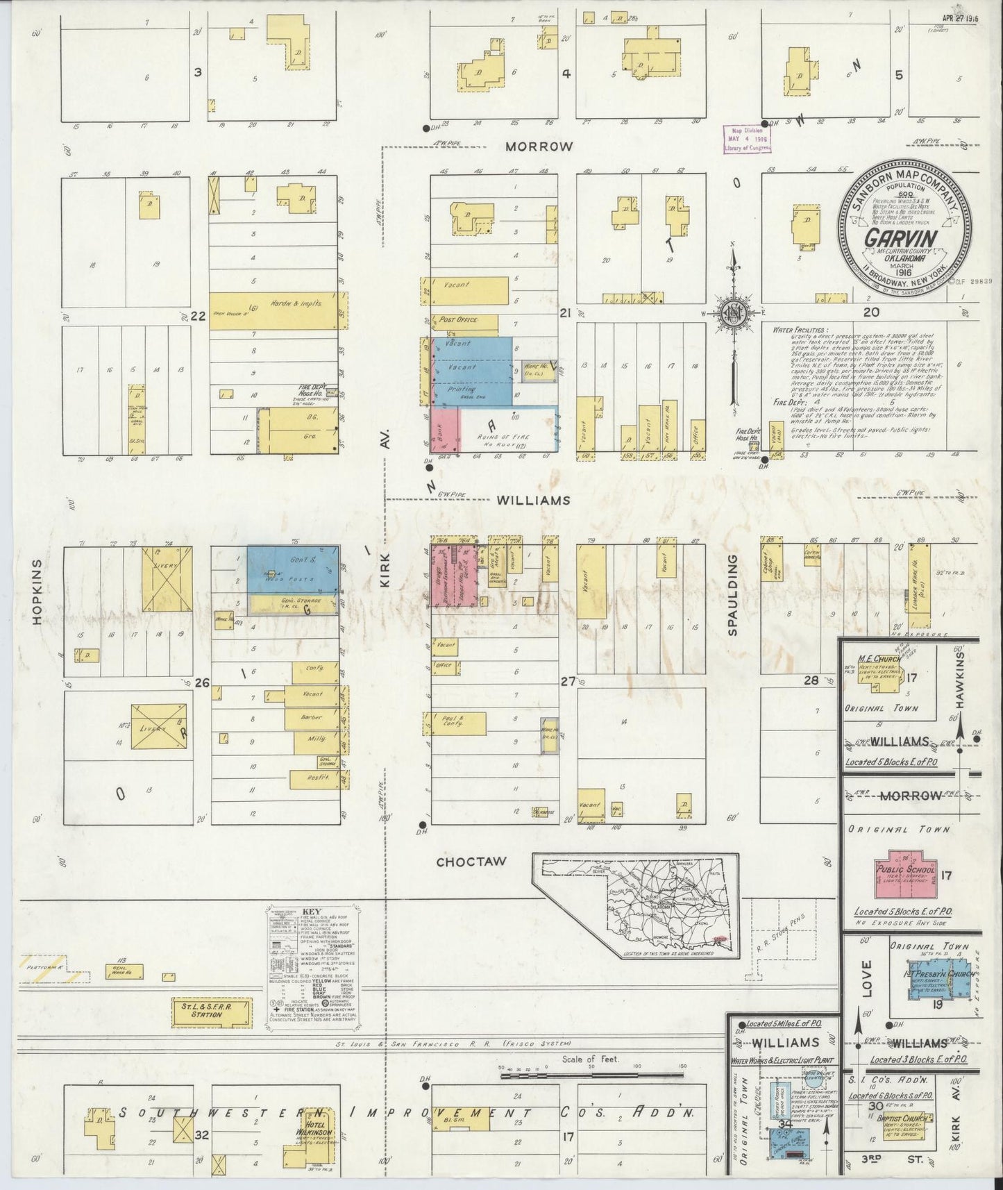 Sanborn Fire Insurance Map from Garvin, McCurtain County, Oklahoma (1916), Sheet #0001 - Historic Sanborn Fire Insurance Map Print, vintage old map wall art, antique decor, genealogy gift, Oklahoma Oklahoma map