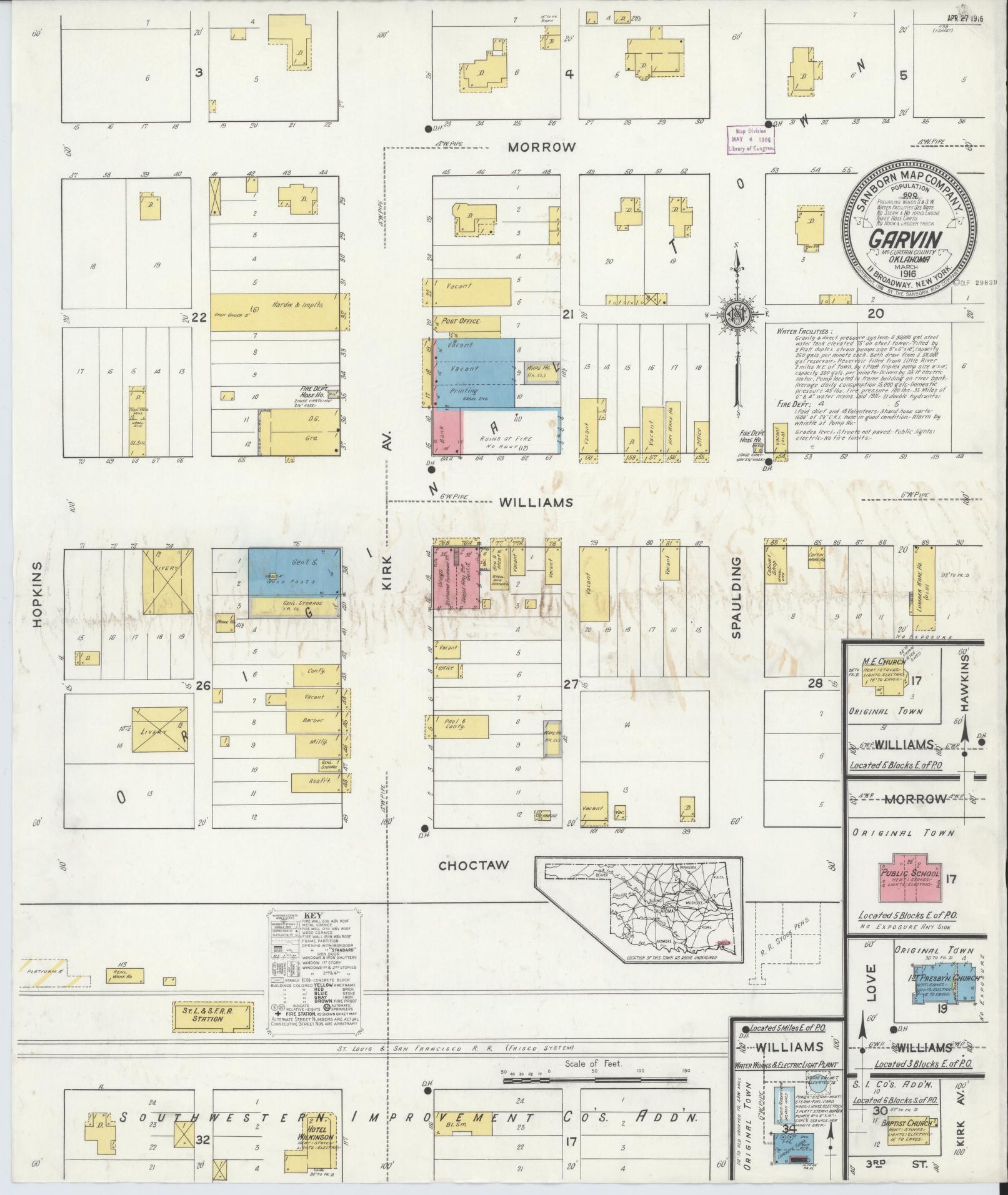 Sanborn Fire Insurance Map from Garvin, McCurtain County, Oklahoma (1916), Sheet #0001 - Historic Sanborn Fire Insurance Map Print, vintage old map wall art, antique decor, genealogy gift, Oklahoma Oklahoma map