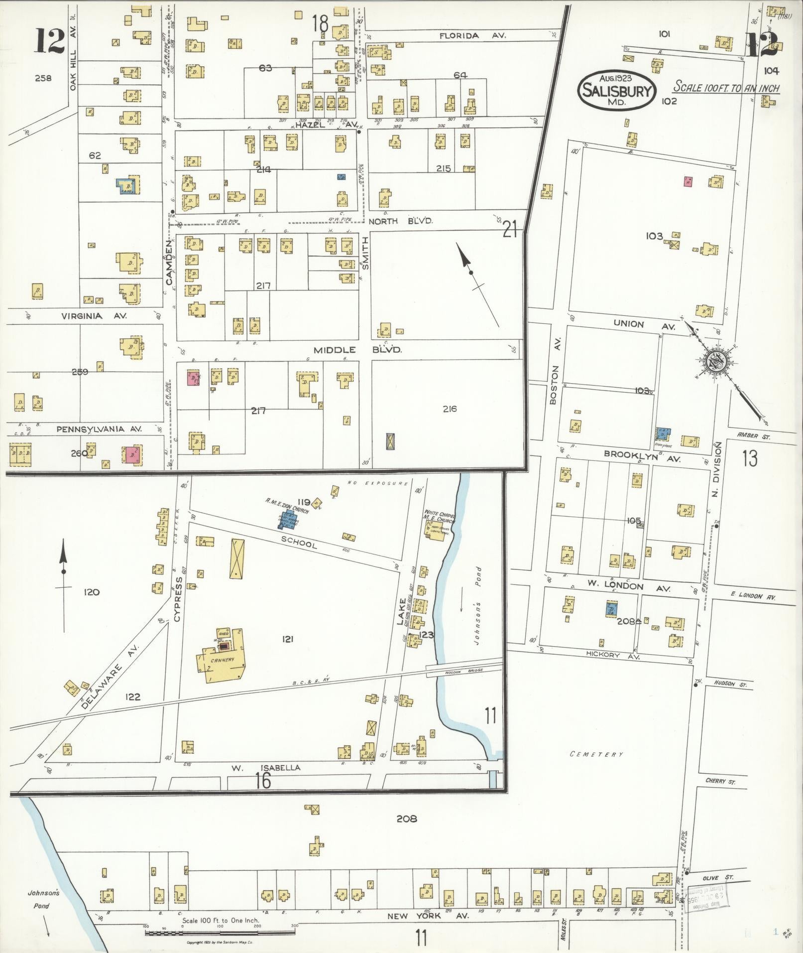 Sanborn Fire Insurance Map from Salisbury, Wicomico County, Maryland (1923), Sheet #0012 - Historic Sanborn Fire Insurance Map Print, vintage old map wall art, antique decor, genealogy gift, Maryland Maryland map