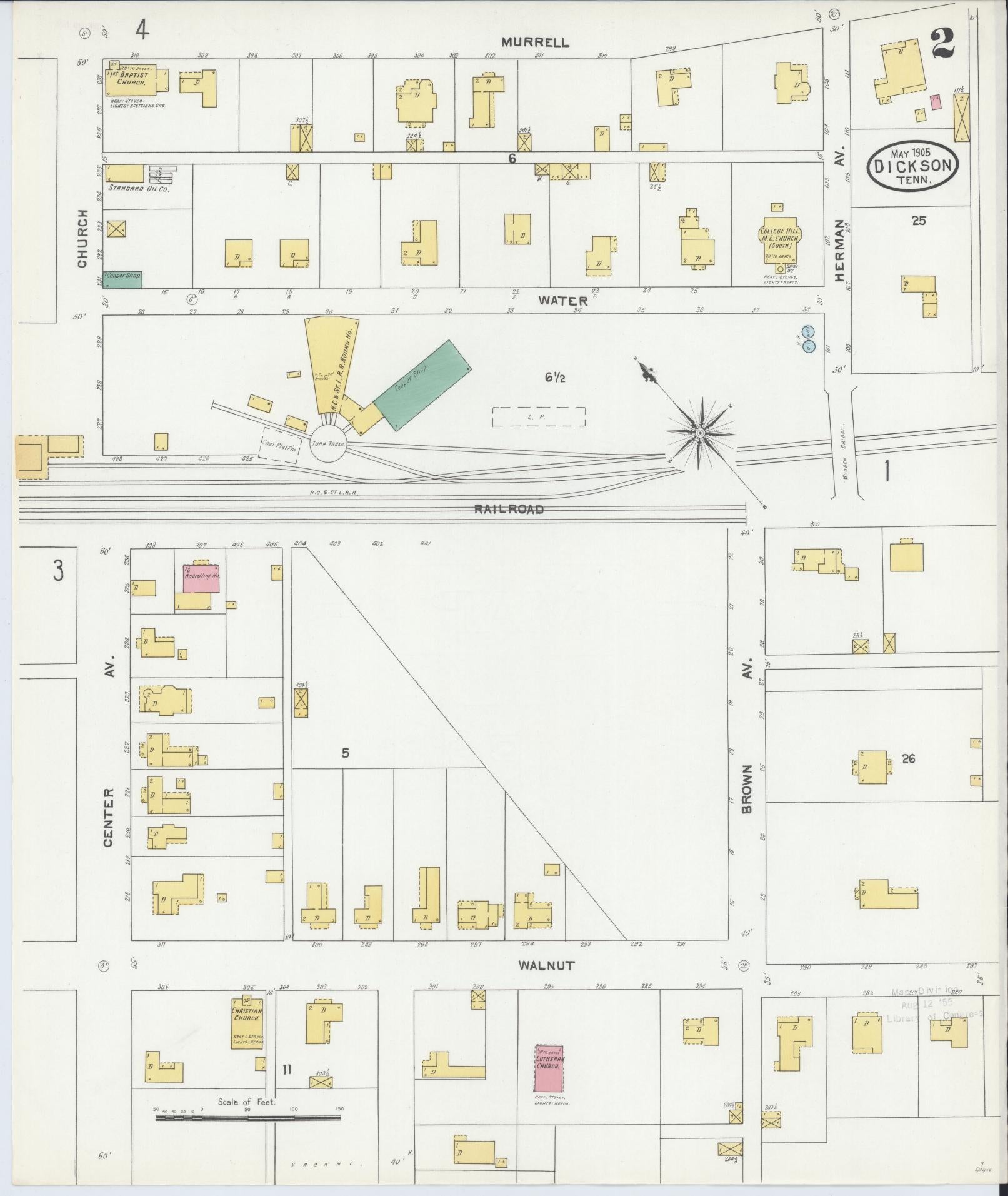 Sanborn Fire Insurance Map from Dickson, Dickson County, Tennessee (1905), Sheet #0002 - Complete Map Set gallery image, historic Sanborn map, vintage wall art, Tennessee Tennessee