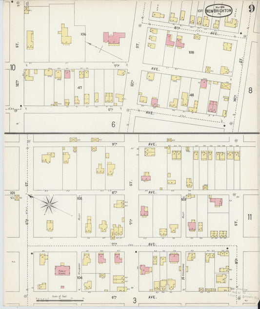 Sanborn Fire Insurance Map from New Brighton, Beaver County, Pennsylvania (1896), Sheet #0009 - Historic Sanborn Fire Insurance Map Print, vintage old map wall art, antique decor, genealogy gift, Pennsylvania Pennsylvania map