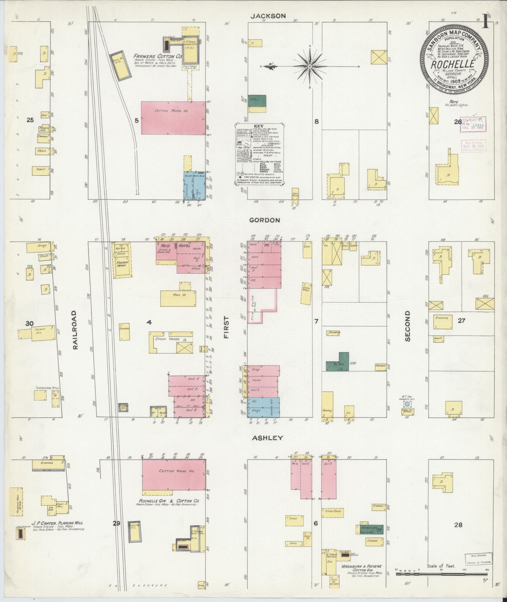Sanborn Fire Insurance Map from Rochelle, Wilcox County, Georgia (1909), Sheet #0001 - Historic Sanborn Fire Insurance Map Print, vintage old map wall art, antique decor, genealogy gift, Georgia Georgia map