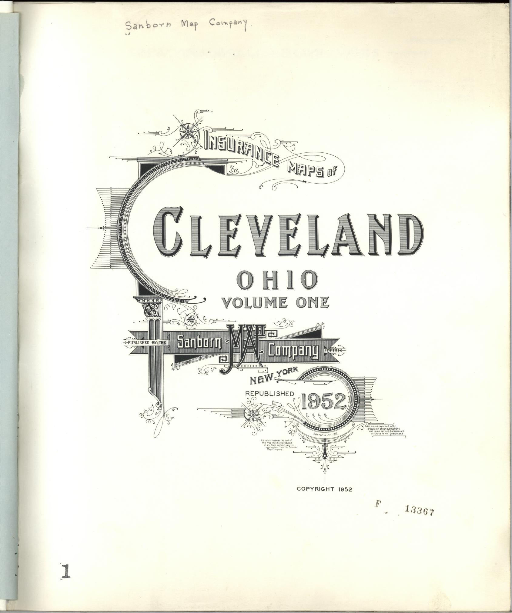 Sanborn Fire Insurance Map from Cleveland, Cuyahoga County, Ohio (1952), Sheet #0001 - Complete Map Set gallery image, historic Sanborn map, vintage wall art, Ohio Ohio