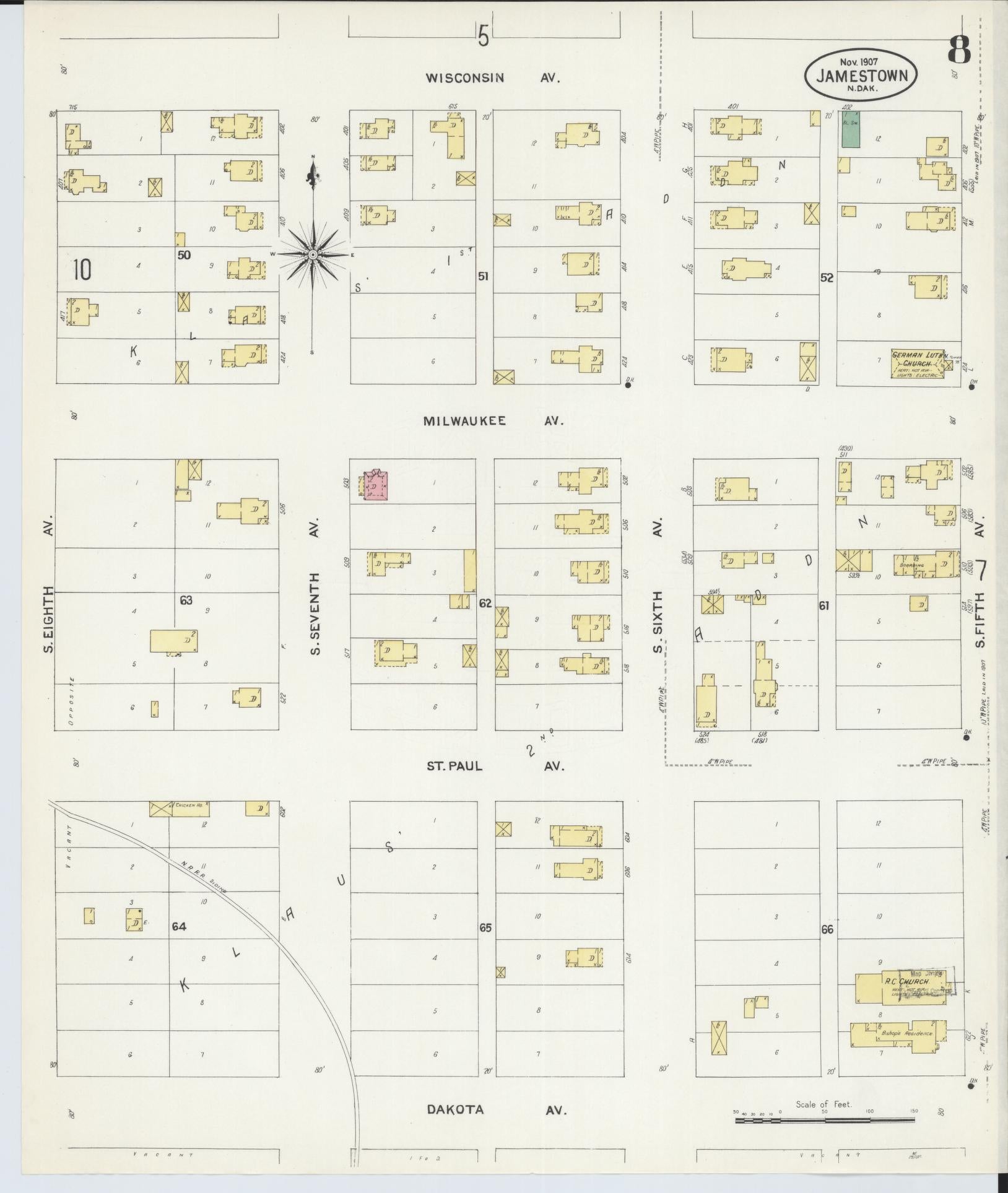 Sanborn Fire Insurance Map from Jamestown, Stutsman County, North Dakota (1907), Sheet #0008 - Historic Sanborn Fire Insurance Map Print, vintage old map wall art, antique decor, genealogy gift, North Dakota North Dakota map