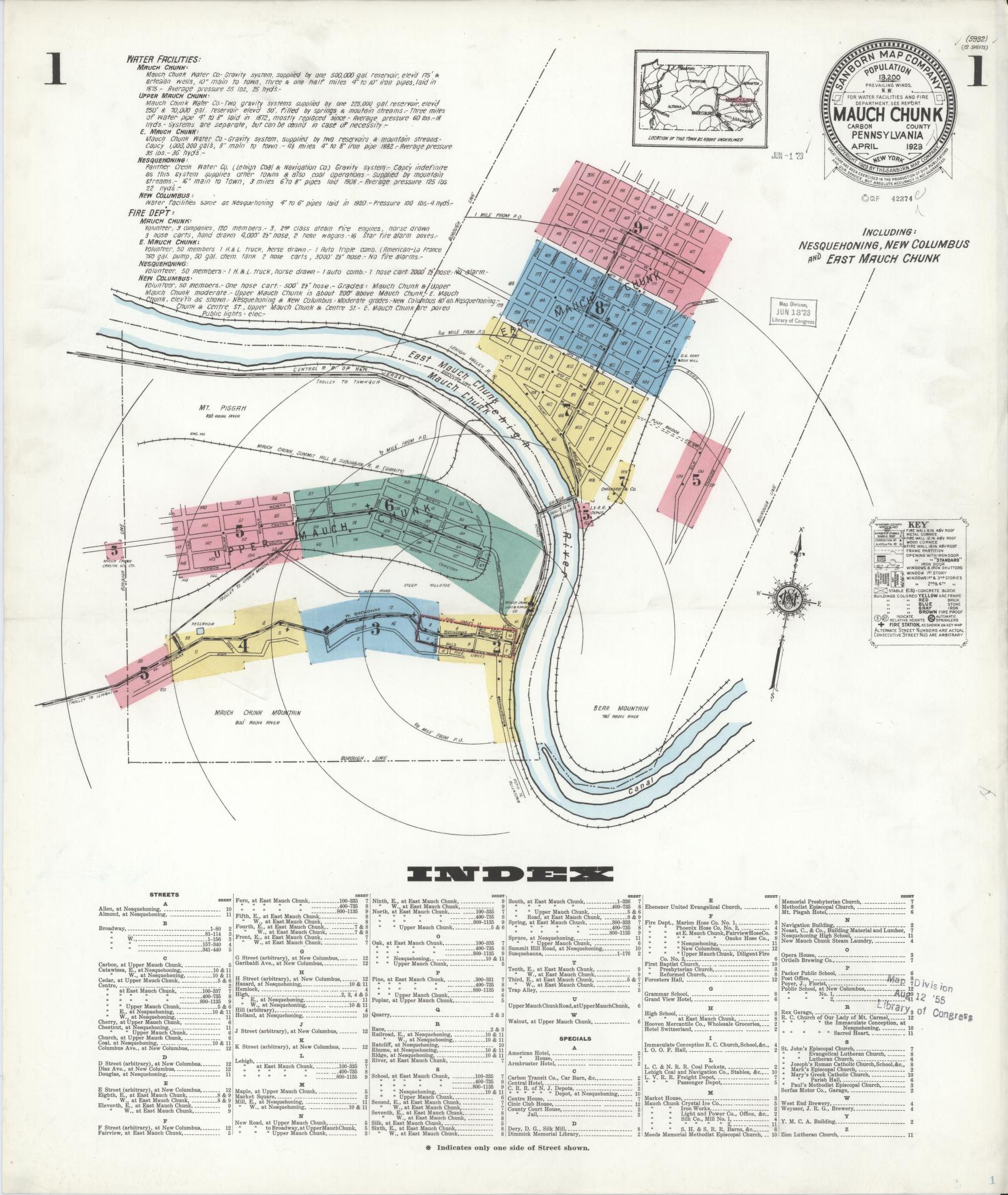 Sanborn Fire Insurance Map from Mauch Chunk, Carbon County, Pennsylvania (1923), Sheet #0001 - Historic Sanborn Fire Insurance Map Print, vintage old map wall art, antique decor, genealogy gift, Pennsylvania Pennsylvania map