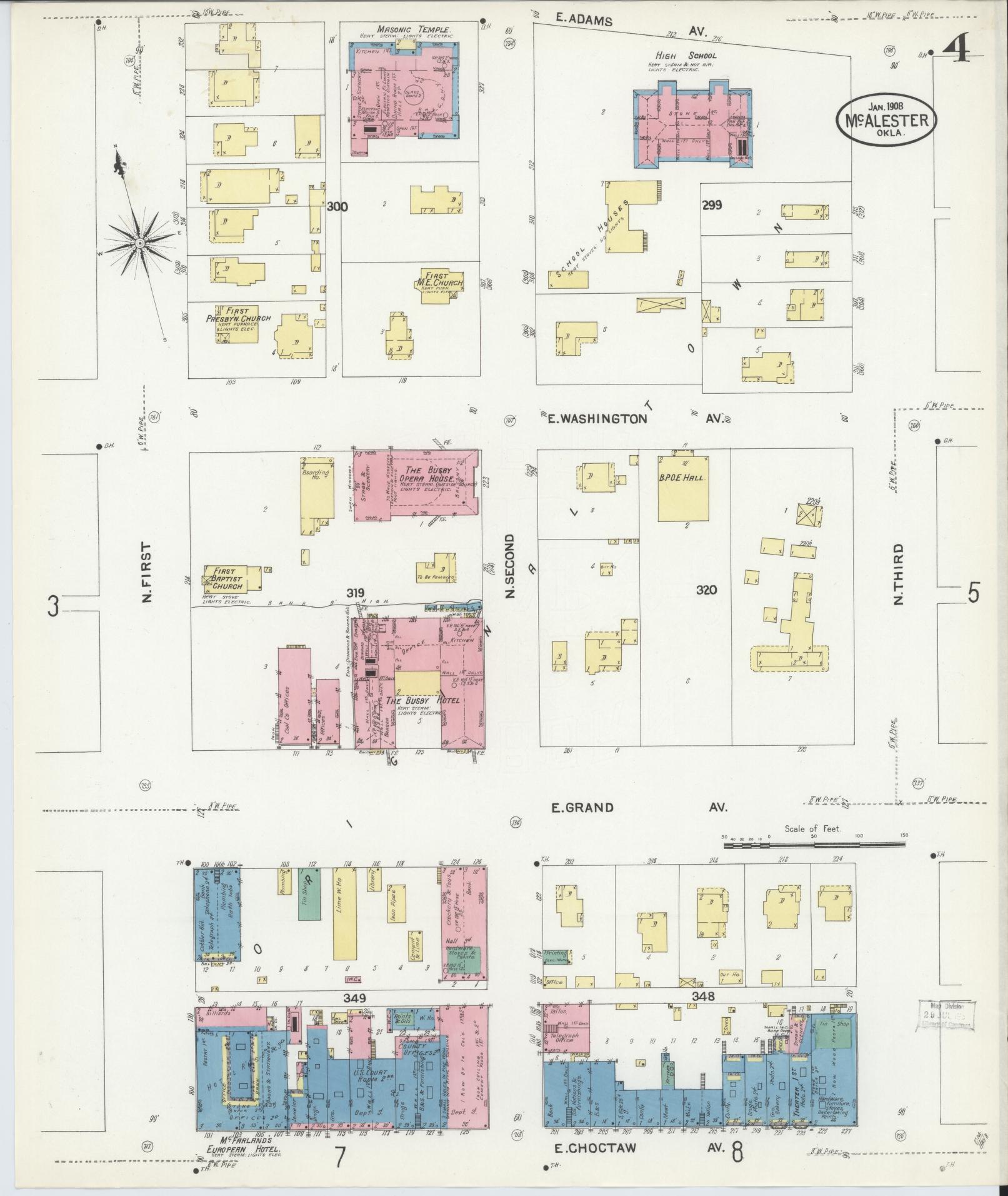 Sanborn Fire Insurance Map from McAlester, Pittsburg County, Oklahoma (1908), Sheet #0004 - Complete Map Set gallery image, historic Sanborn map, vintage wall art, Oklahoma Oklahoma