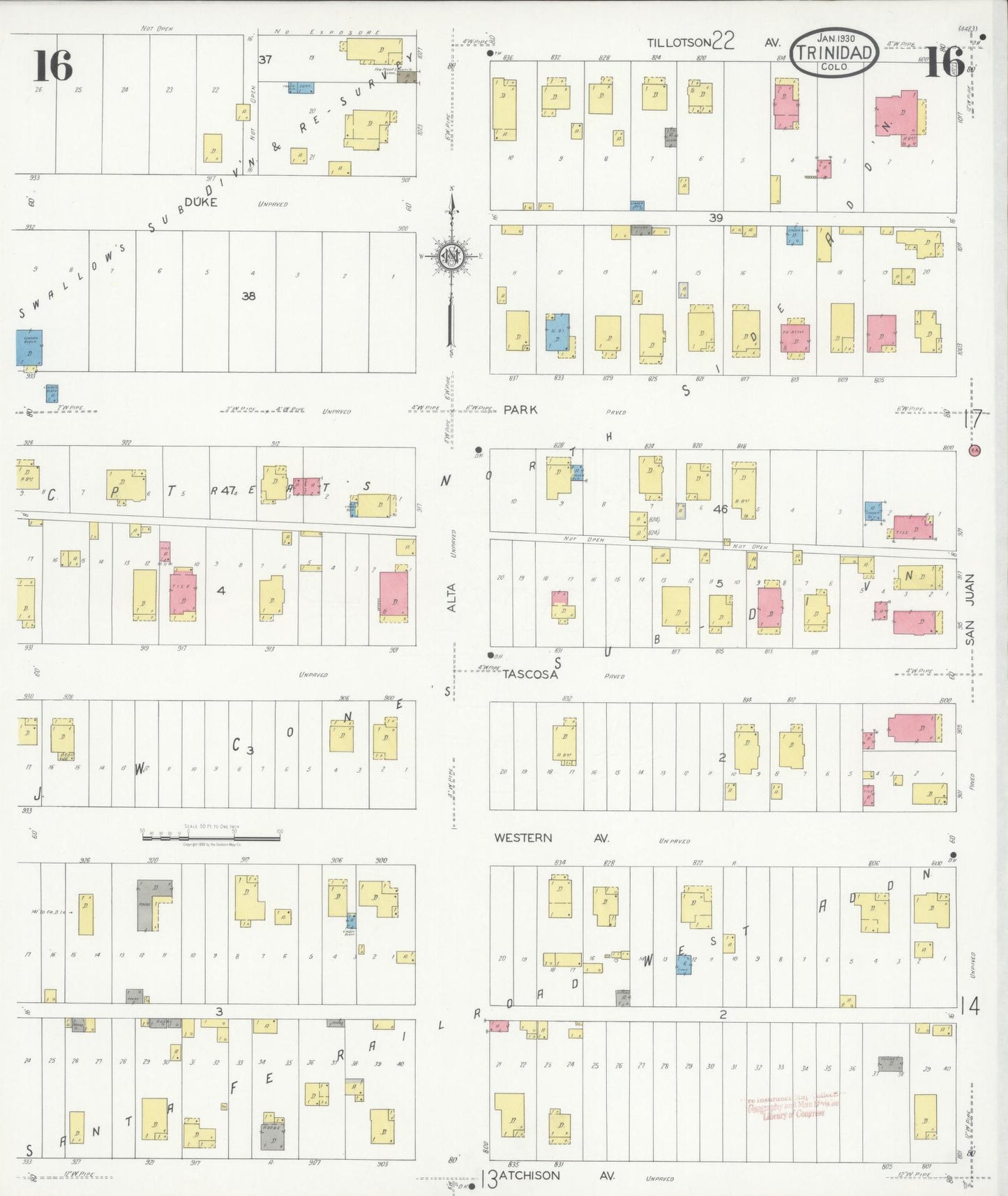 Sanborn Fire Insurance Map from Trinidad, Las Animas County, Colorado (1930), Sheet #0016 - Complete Map Set gallery image, historic Sanborn map, vintage wall art, Colorado Colorado