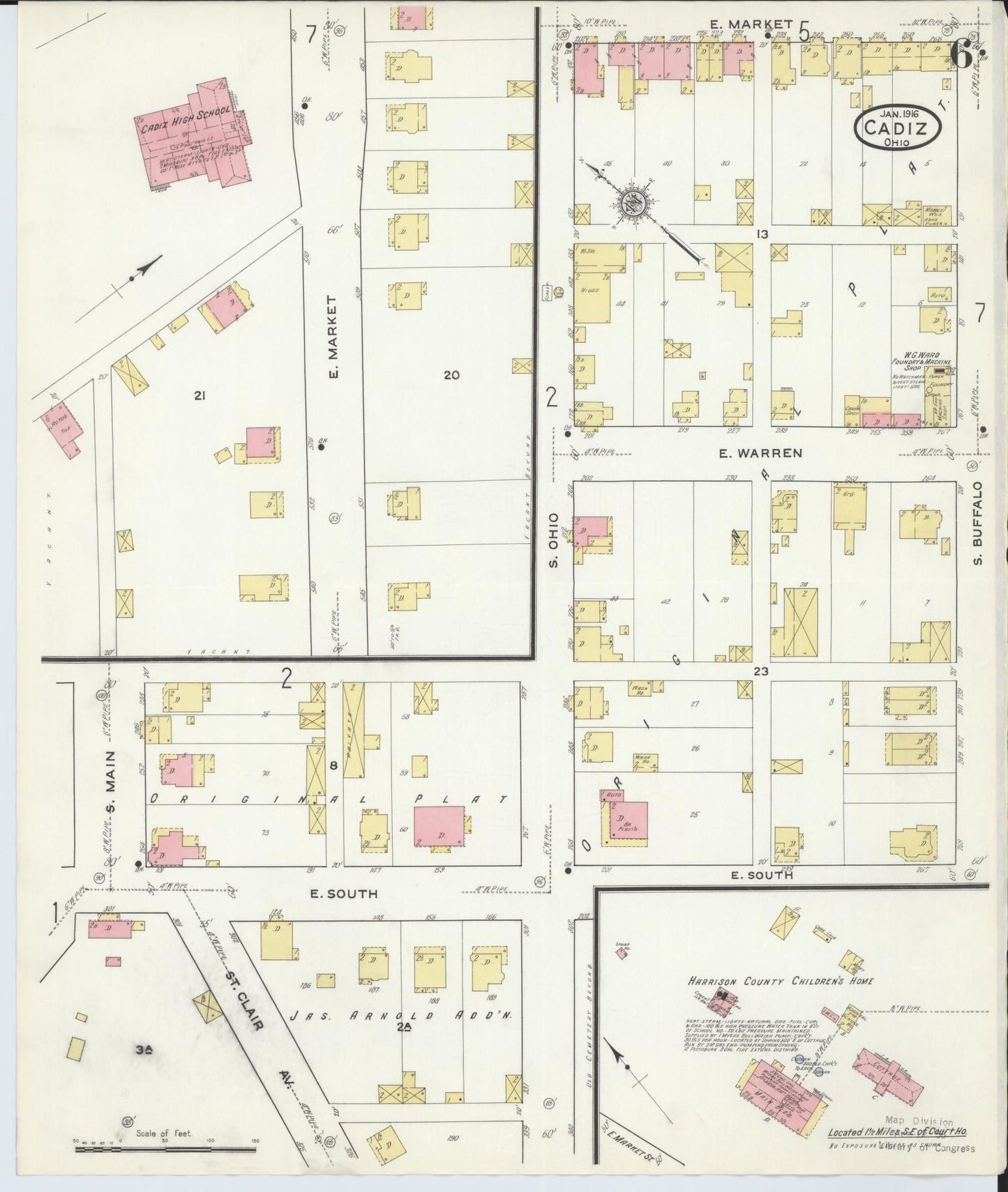 Sanborn Fire Insurance Map from Cadiz, Harrison County, Ohio (1916), Sheet #0006 - Historic Sanborn Fire Insurance Map Print, vintage old map wall art, antique decor, genealogy gift, Ohio Ohio map