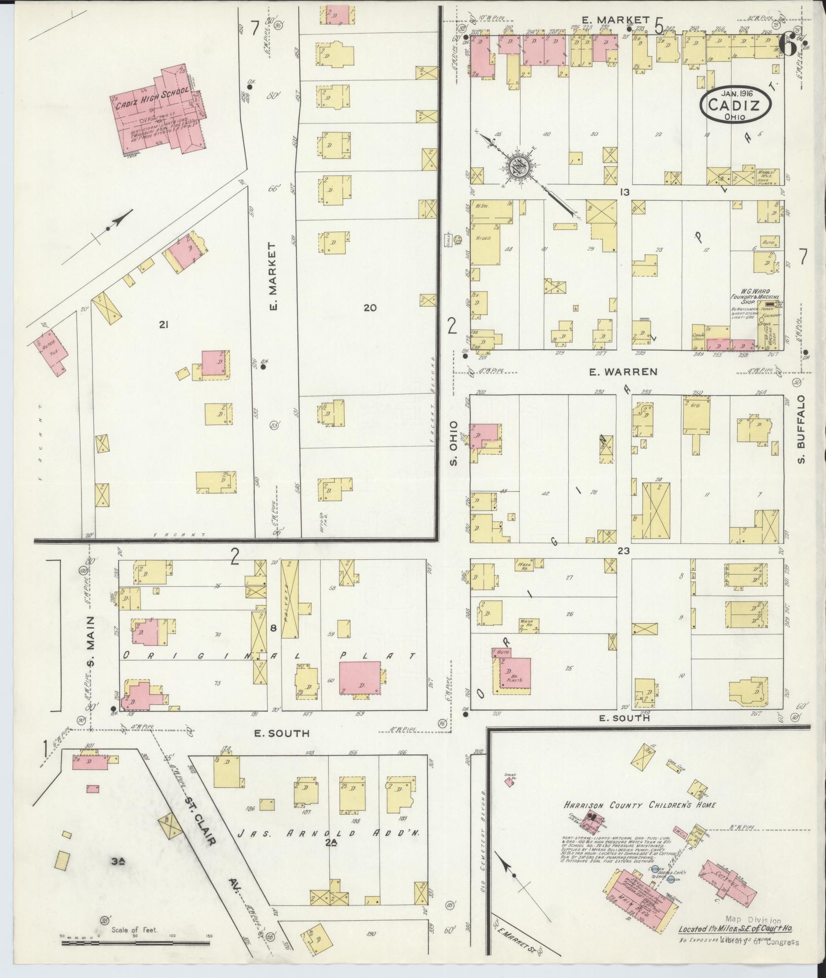 Sanborn Fire Insurance Map from Cadiz, Harrison County, Ohio (1916), Sheet #0006 - Historic Sanborn Fire Insurance Map Print, vintage old map wall art, antique decor, genealogy gift, Ohio Ohio map