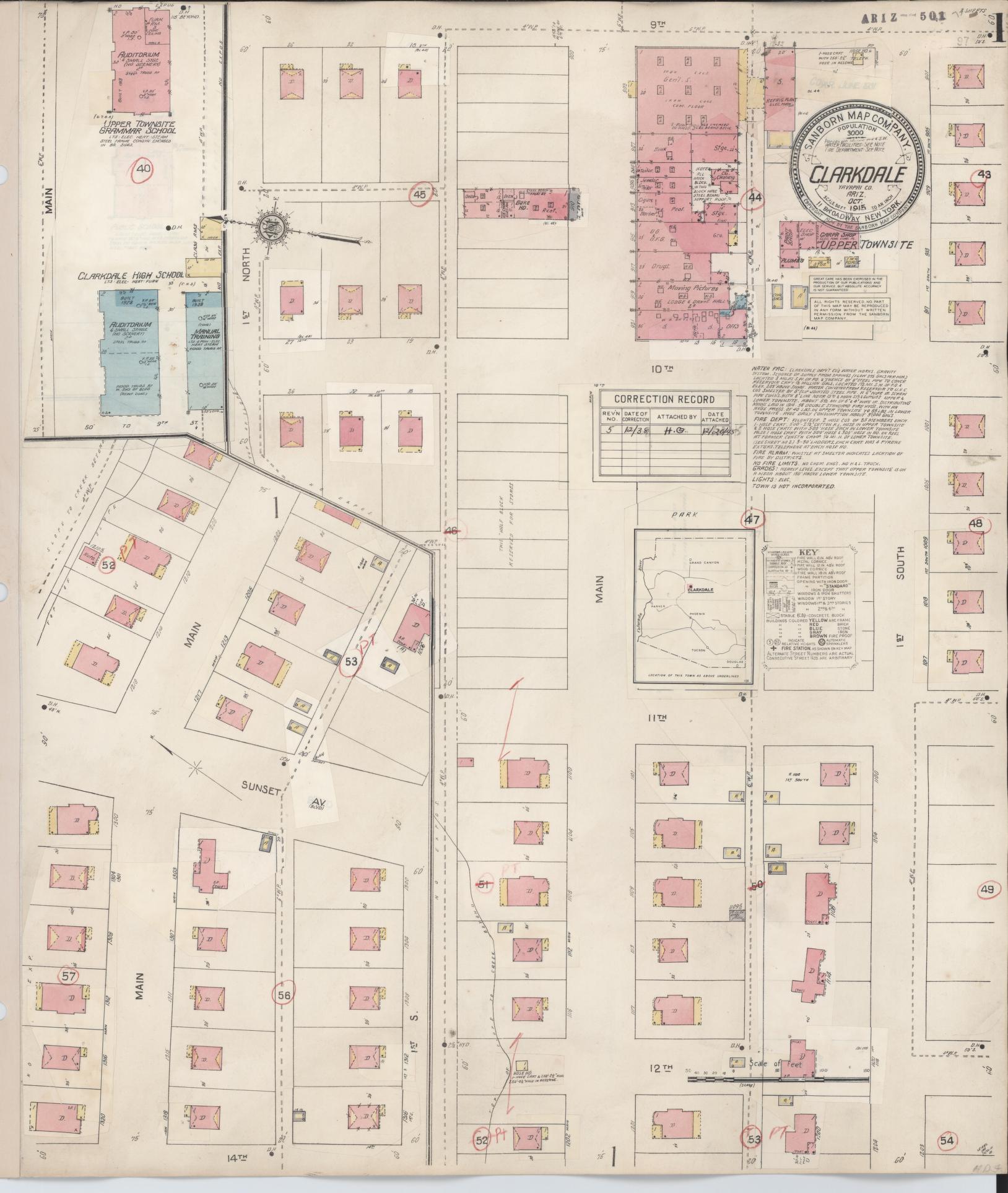 Sanborn Fire Insurance Map from Clarkdale, Yavapai County, Arizona (1938), Sheet #0001 - Historic Sanborn Fire Insurance Map Print, vintage old map wall art, antique decor, genealogy gift, Arizona Arizona map