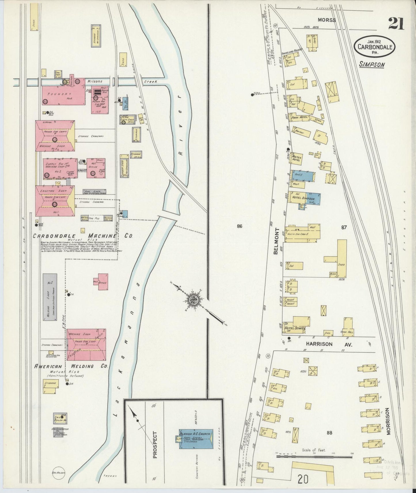 Sanborn Fire Insurance Map from Carbondale, Lackawanna County, Pennsylvania (1912), Sheet #0021 - Historic Sanborn Fire Insurance Map Print, vintage old map wall art, antique decor, genealogy gift, Pennsylvania Pennsylvania map