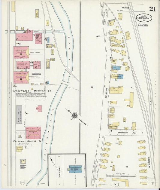 Sanborn Fire Insurance Map from Carbondale, Lackawanna County, Pennsylvania (1912), Sheet #0021 - Historic Sanborn Fire Insurance Map Print, vintage old map wall art, antique decor, genealogy gift, Pennsylvania Pennsylvania map