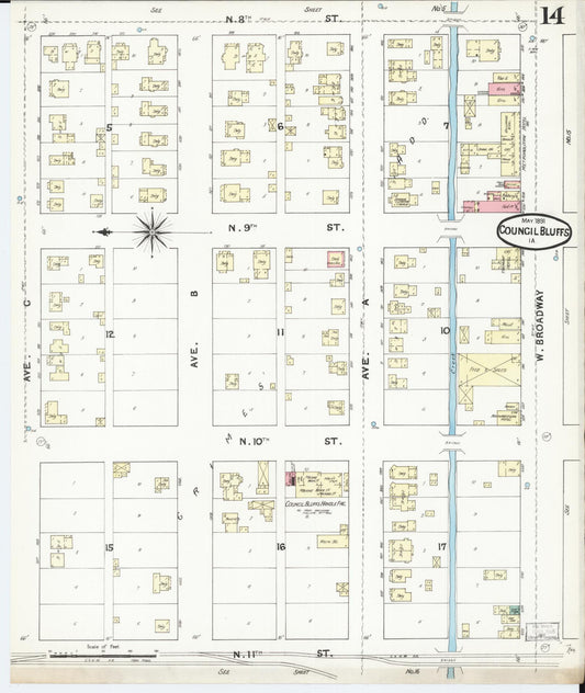 Sanborn Fire Insurance Map from Council Bluffs, Pottawattamie County, Iowa (1891), Sheet #0014 - Historic Sanborn Fire Insurance Map Print, vintage old map wall art