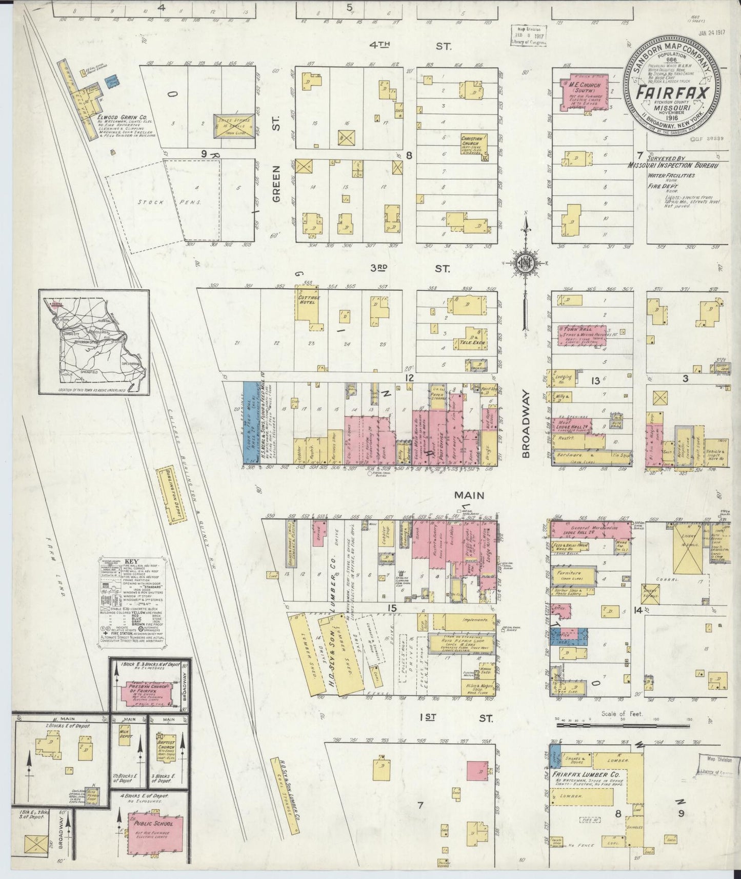 Sanborn Fire Insurance Map from Fairfax, Atchison County, Missouri (1916), Sheet #0001 - Historic Sanborn Fire Insurance Map Print, vintage old map wall art, antique decor, genealogy gift, Missouri Missouri map