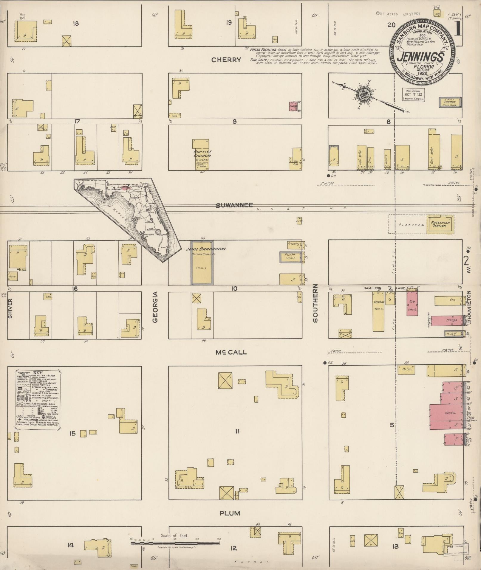Sanborn Fire Insurance Map from Jennings, Hamilton County, Florida (1922), Sheet #0001 - Historic Sanborn Fire Insurance Map Print, vintage old map wall art, antique decor, genealogy gift, Florida Florida map