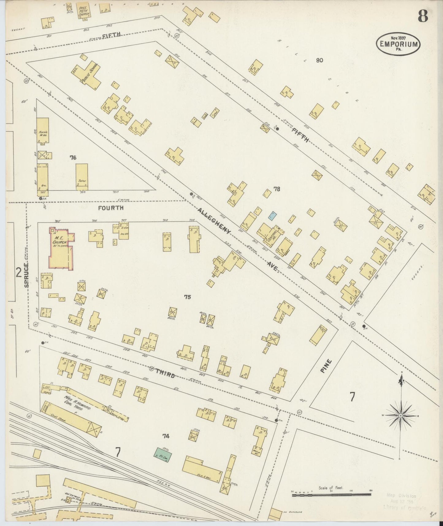 Sanborn Fire Insurance Map from Emporium, Cameron County, Pennsylvania (1897), Sheet #0008 - Historic Sanborn Fire Insurance Map Print, vintage old map wall art, antique decor, genealogy gift, Pennsylvania Pennsylvania map