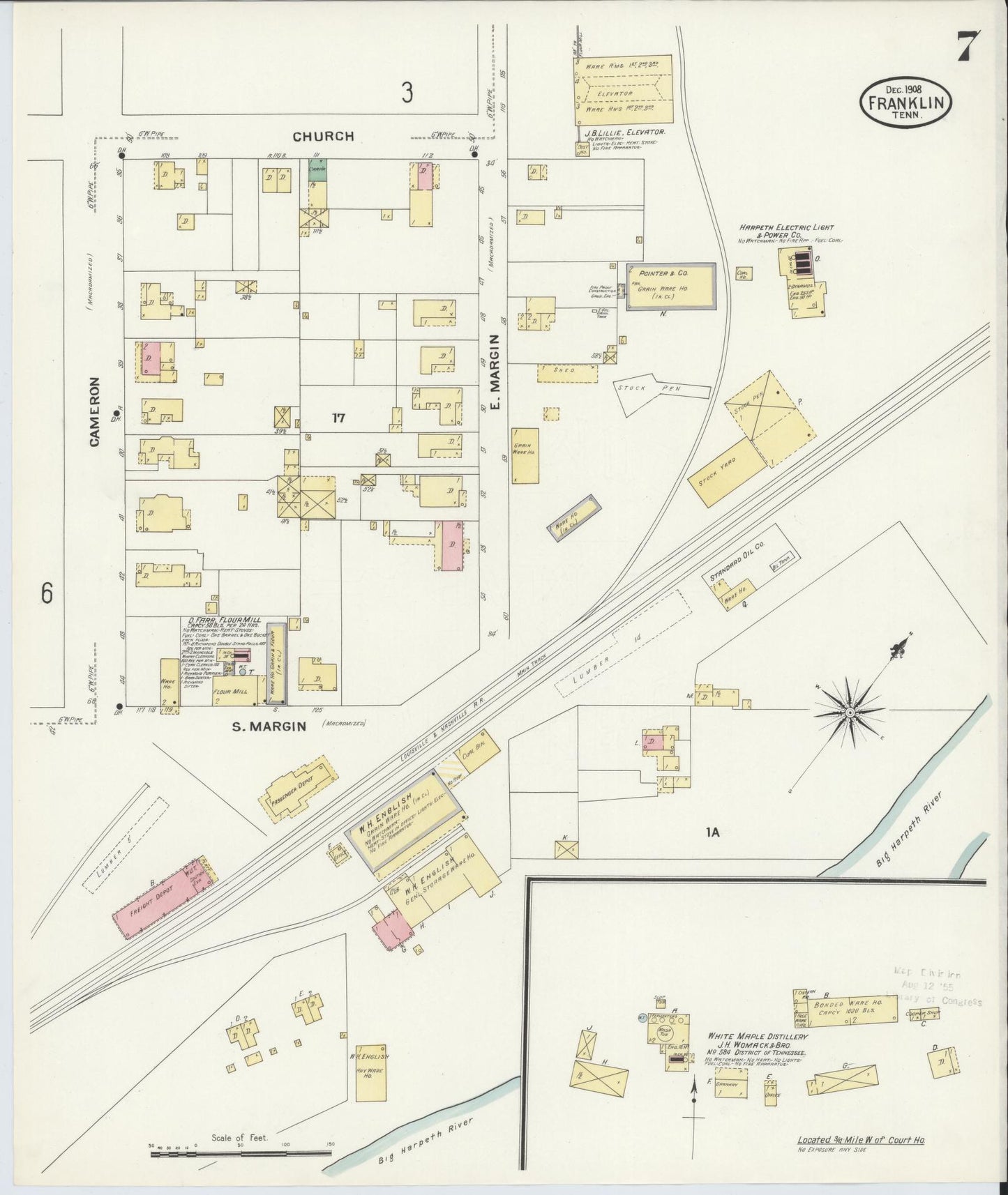 Sanborn Fire Insurance Map from Franklin, Williamson County, Tennessee (1908), Sheet #0007 - Complete Map Set gallery image, historic Sanborn map, vintage wall art, Tennessee Tennessee