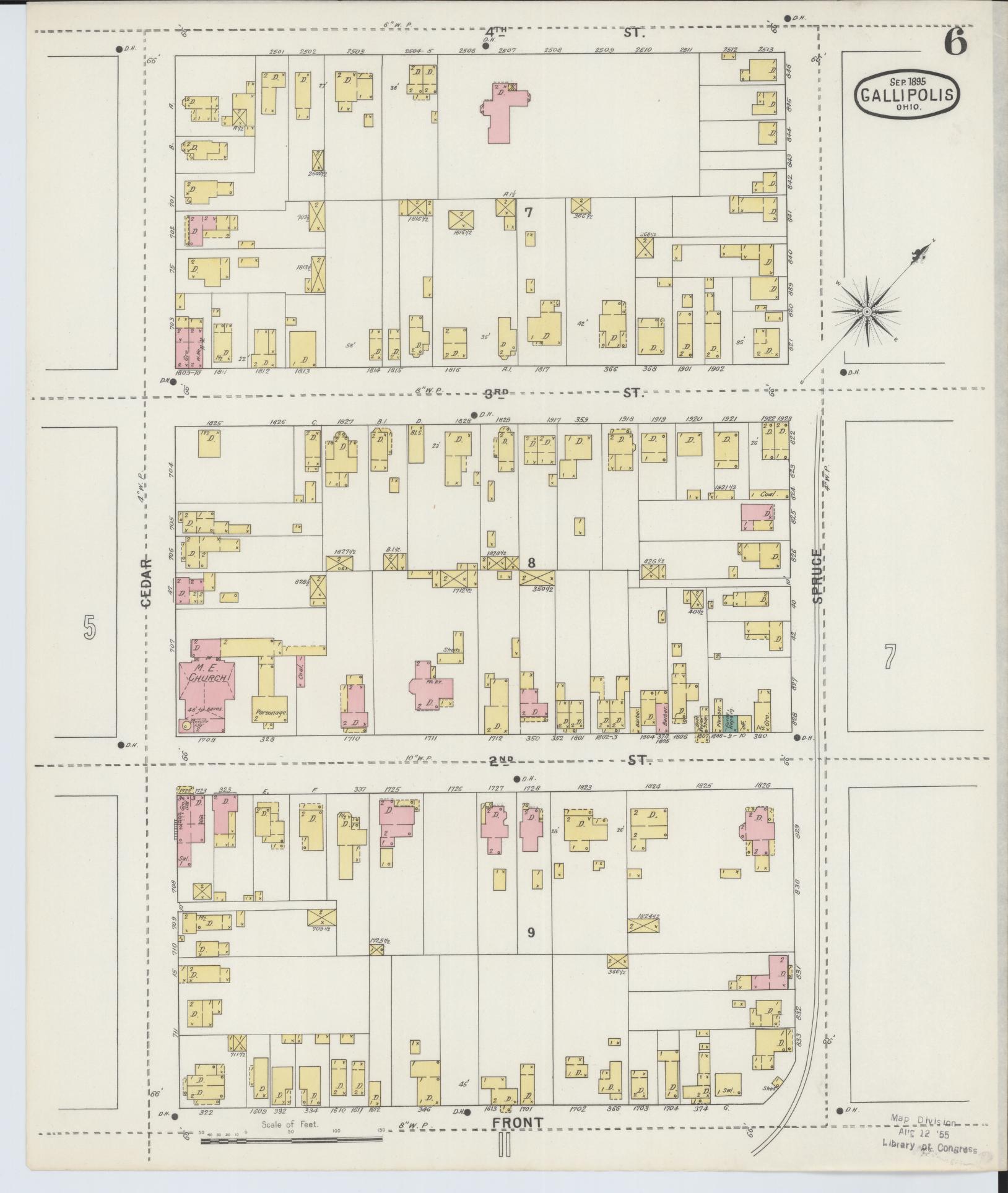 Sanborn Fire Insurance Map from Gallipolis, Gallia County, Ohio (1895), Sheet #0006 - Historic Sanborn Fire Insurance Map Print, vintage old map wall art, antique decor, genealogy gift, Ohio Ohio map