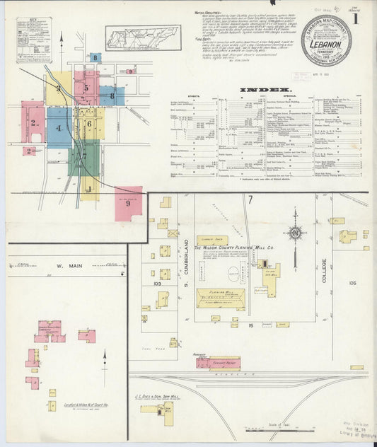 Sanborn Fire Insurance Map from Lebanon, Wilson County, Tennessee (1913), Sheet #0001 - Complete Map Set gallery image, historic Sanborn map, vintage wall art, Tennessee Tennessee