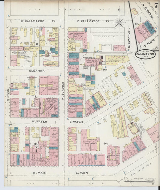 Sanborn Fire Insurance Map from Kalamazoo, Kalamazoo County, Michigan (1891), Sheet #0007 - Historic Sanborn Fire Insurance Map Print, vintage old map wall art, antique decor, genealogy gift, Michigan Michigan map