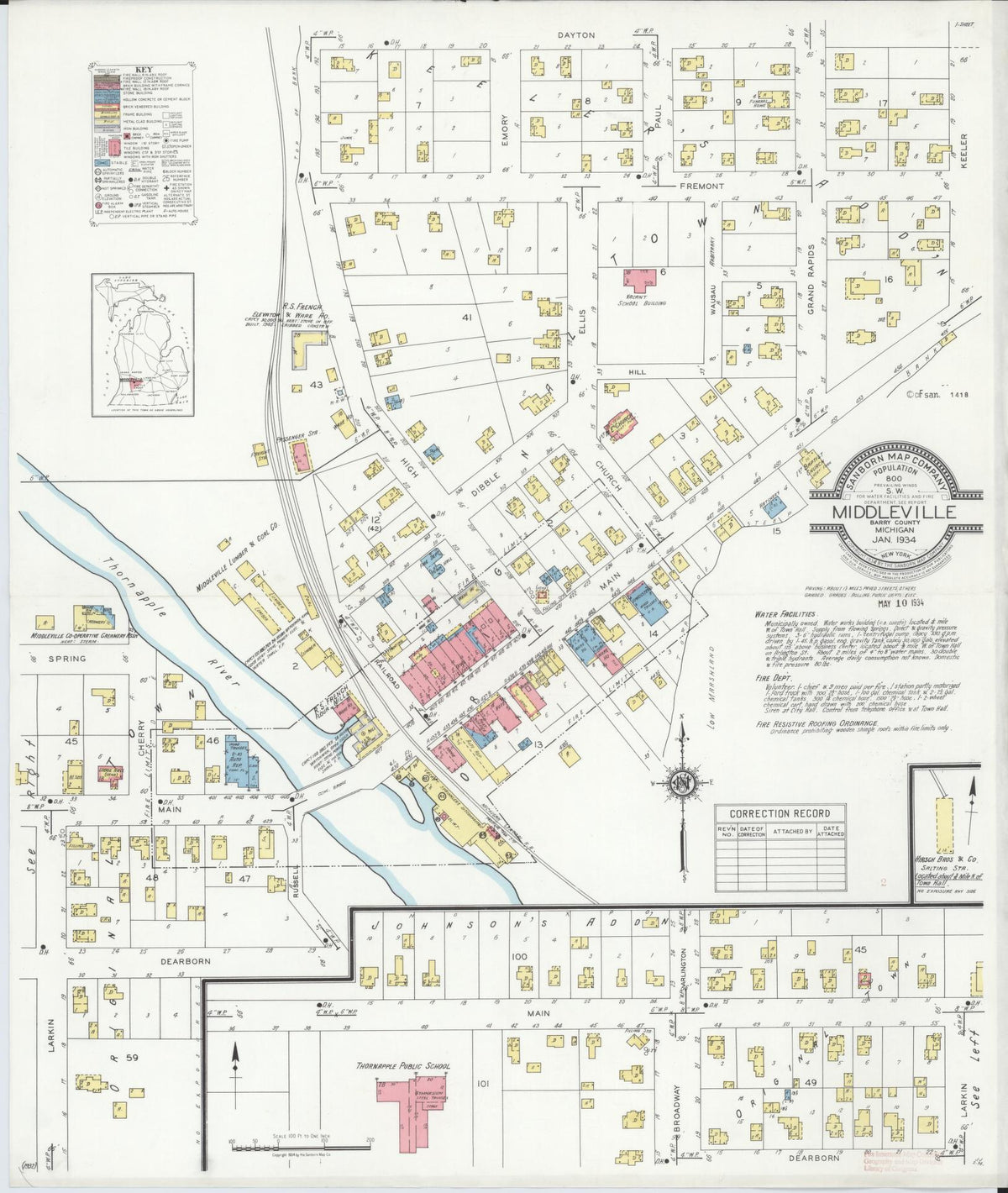 Sanborn Fire Insurance Map from Middleville, Barry County, Michigan (1934), Sheet #0001 - Historic Sanborn Fire Insurance Map Print, vintage old map wall art, antique decor, genealogy gift, Michigan Michigan map