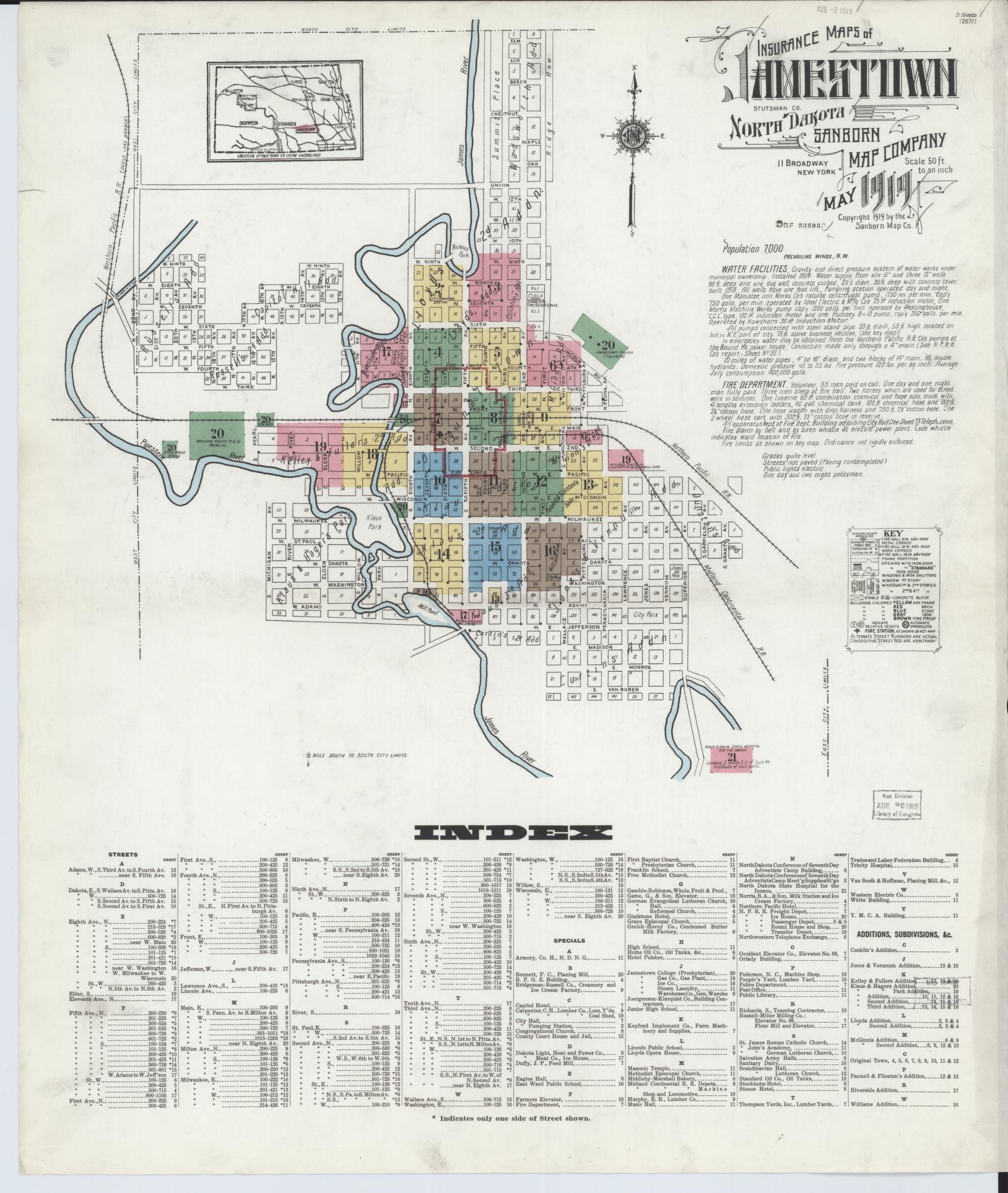 Sanborn Fire Insurance Map from Jamestown, Stutsman County, North Dakota. (1919) – Historic Sanborn Fire Insurance Map Print