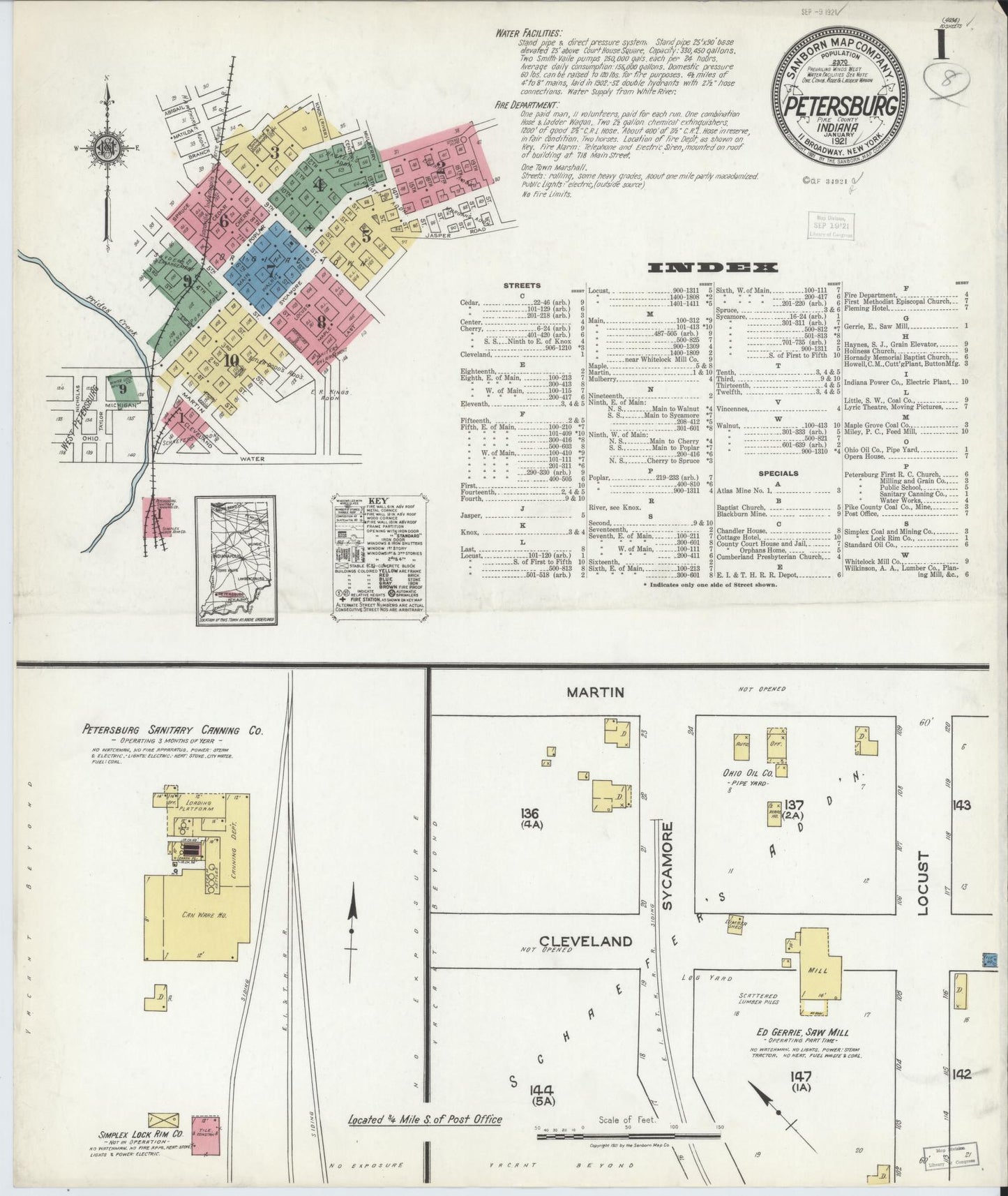 Sanborn Fire Insurance Map from Petersburg, Pike County, Indiana (1921), Sheet #0001 - Complete Map Set gallery image, historic Sanborn map, vintage wall art, Indiana Indiana