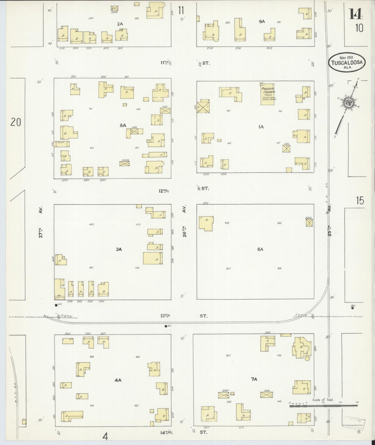 Sanborn Fire Insurance Map from Tuscaloosa, Tuscaloosa County, Alabama (1910), Sheet #0014 - Complete Map Set gallery image, historic Sanborn map, vintage wall art, Alabama Alabama
