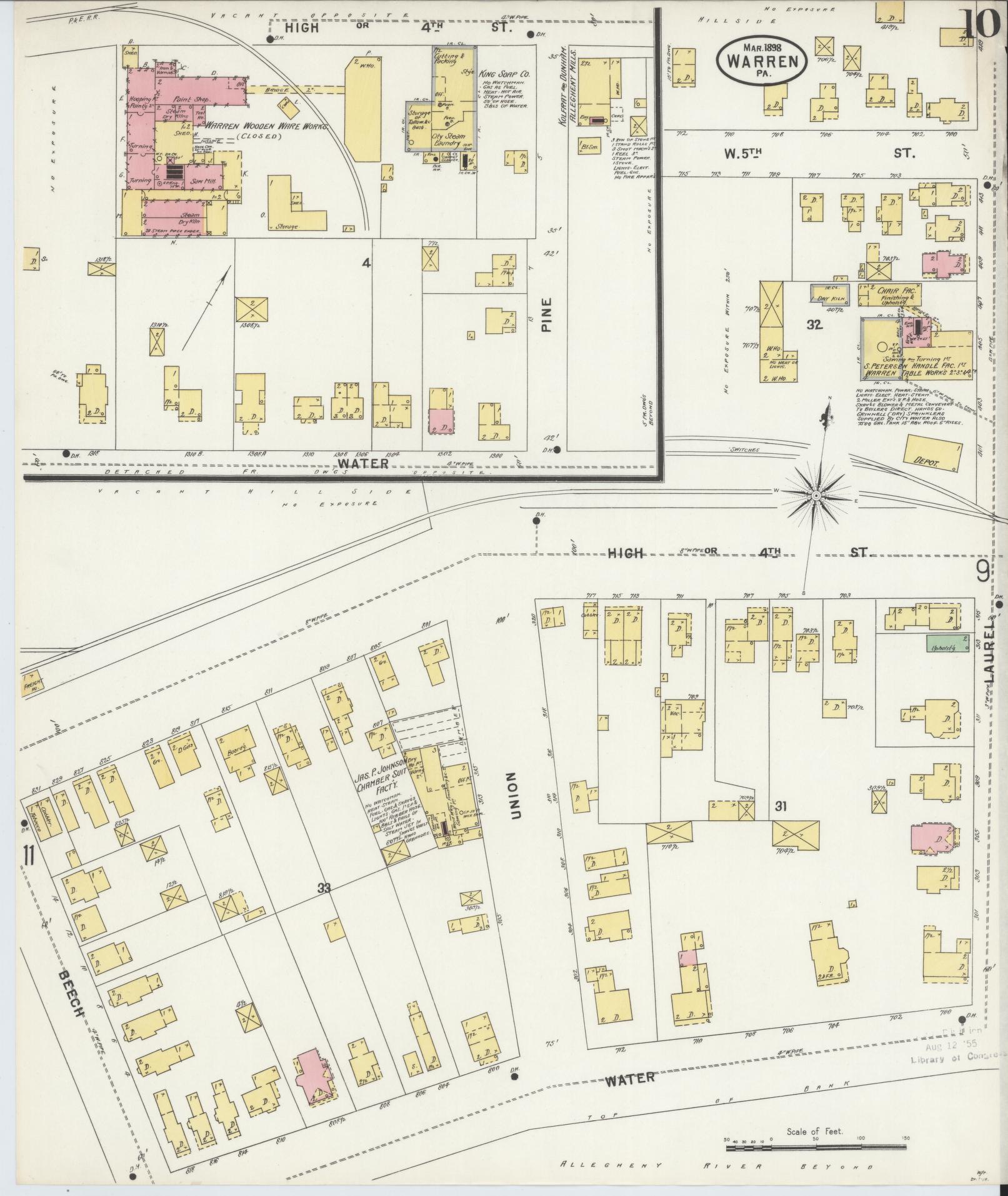 Sanborn Fire Insurance Map from Warren, Warren County, Pennsylvania (1898), Sheet #0010 - Historic Sanborn Fire Insurance Map Print, vintage old map wall art, antique decor, genealogy gift, Pennsylvania Pennsylvania map