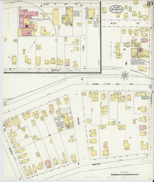 Sanborn Fire Insurance Map from Warren, Warren County, Pennsylvania (1898), Sheet #0010 - Historic Sanborn Fire Insurance Map Print, vintage old map wall art, antique decor, genealogy gift, Pennsylvania Pennsylvania map
