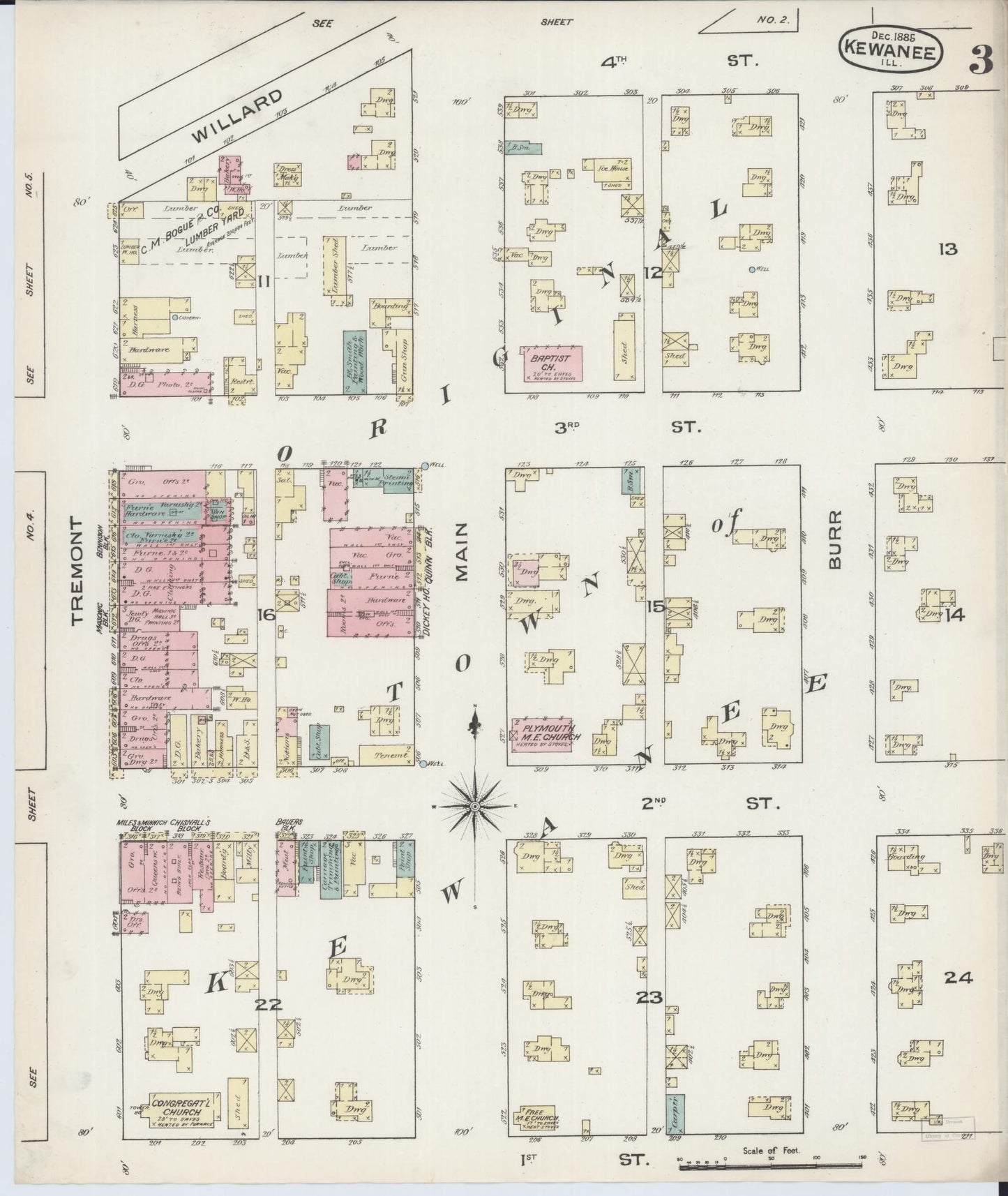 Sanborn Fire Insurance Map from Kewanee, Henry County, Illinois (1885), Sheet #0003 - Historic Sanborn Fire Insurance Map Print, vintage old map wall art, antique decor, genealogy gift, Illinois Illinois map