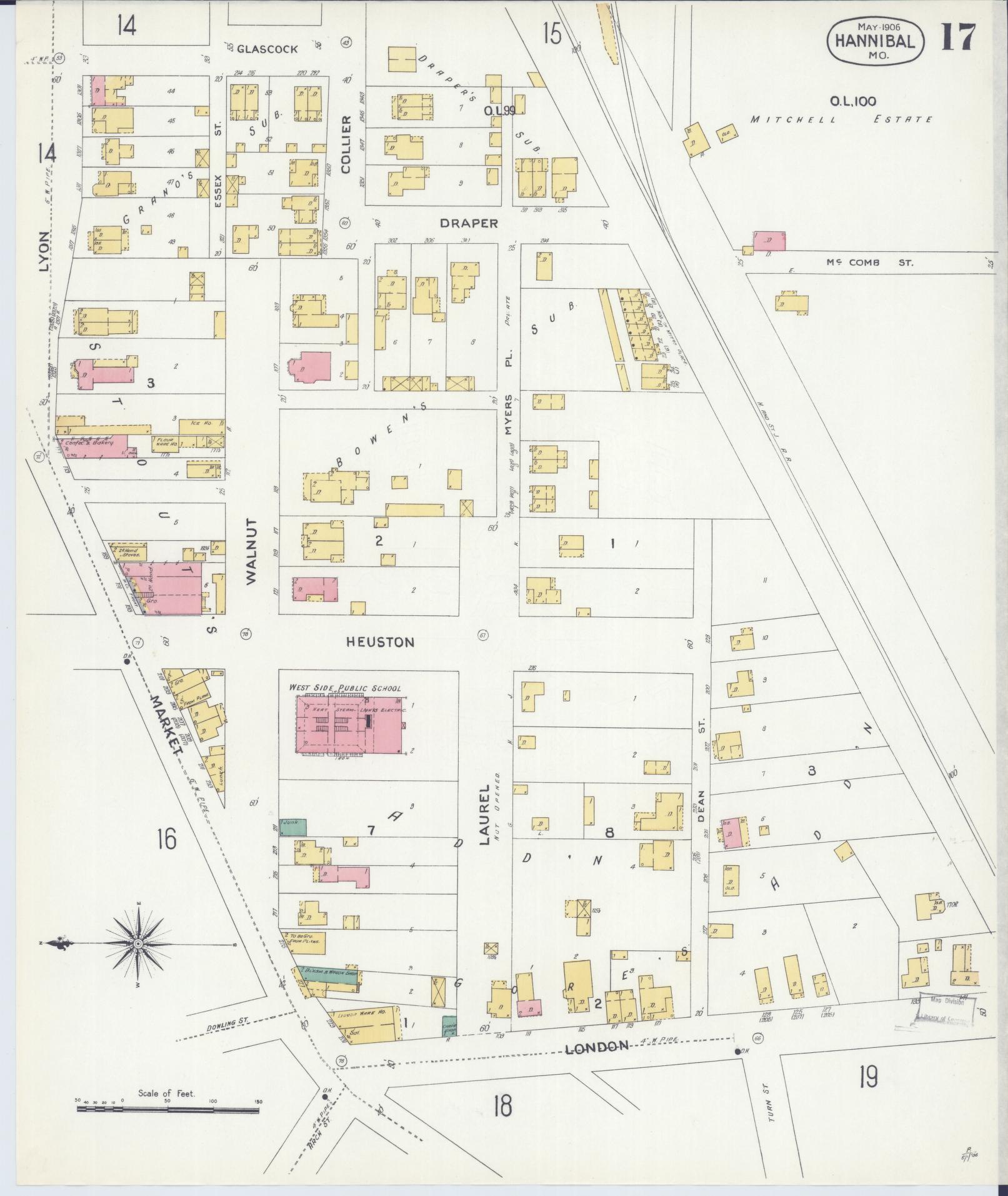 Sanborn Fire Insurance Map from Hannibal, Marion County, Missouri (1906), Sheet #0017 - Historic Sanborn Fire Insurance Map Print, vintage old map wall art, antique decor, genealogy gift, Missouri Missouri map