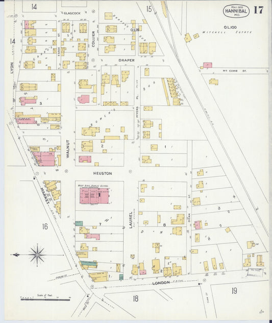 Sanborn Fire Insurance Map from Hannibal, Marion County, Missouri (1906), Sheet #0017 - Historic Sanborn Fire Insurance Map Print, vintage old map wall art, antique decor, genealogy gift, Missouri Missouri map