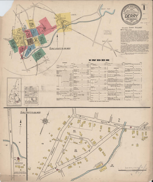 Sanborn Fire Insurance Map from Derry, Rockingham County, New Hampshire (1921), Sheet #0001 - Historic Sanborn Fire Insurance Map Print, vintage old map wall art, antique decor, genealogy gift, New Hampshire New Hampshire map