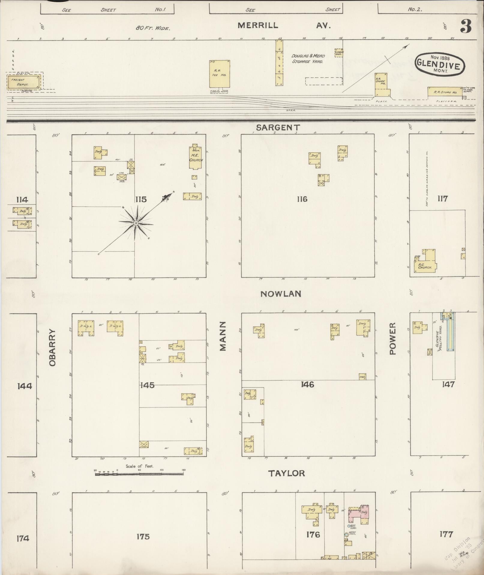 Sanborn Fire Insurance Map from Glendive, Dawson County, Montana (1888), Sheet #0003 - Historic Sanborn Fire Insurance Map Print, vintage old map wall art, antique decor, genealogy gift, Montana Montana map