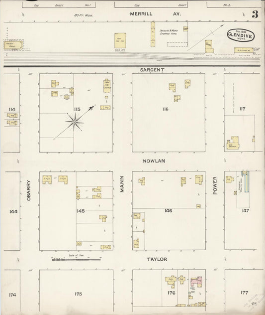 Sanborn Fire Insurance Map from Glendive, Dawson County, Montana (1888), Sheet #0003 - Historic Sanborn Fire Insurance Map Print, vintage old map wall art, antique decor, genealogy gift, Montana Montana map