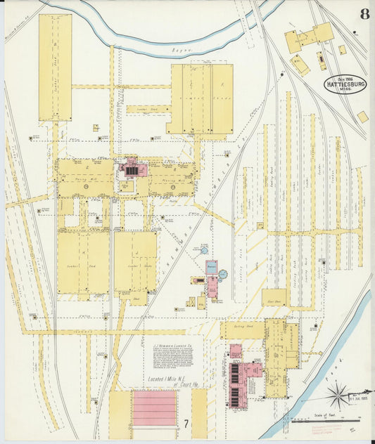 Sanborn Fire Insurance Map from Hattiesburg, Forrest County, Mississippi (1906), Sheet #0008 - Historic Sanborn Fire Insurance Map Print, vintage old map wall art, antique decor, genealogy gift, Mississippi Mississippi map