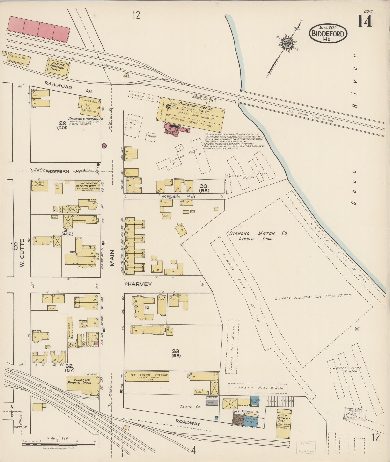 Sanborn Fire Insurance Map from Biddeford, York County, Maine (1922), Sheet #0014 - Historic Sanborn Fire Insurance Map Print, vintage old map wall art, antique decor, genealogy gift, Maine Maine map
