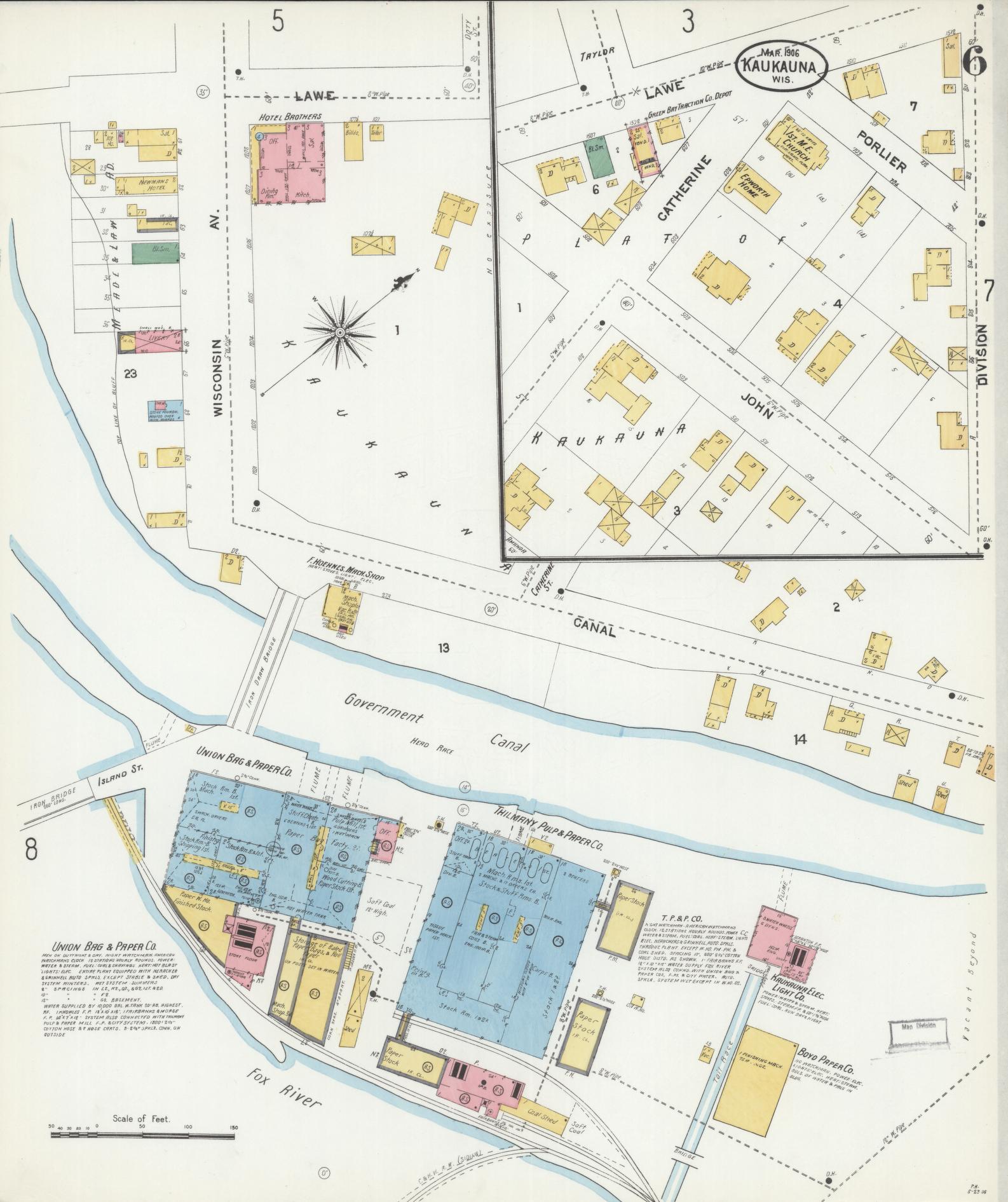 Sanborn Fire Insurance Map from Kaukauna, Outagamie County, Wisconsin (1906), Sheet #0006 - Historic Sanborn Fire Insurance Map Print, vintage old map wall art, antique decor, genealogy gift, Wisconsin Wisconsin map