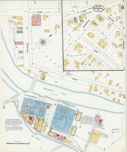Sanborn Fire Insurance Map from Kaukauna, Outagamie County, Wisconsin (1906), Sheet #0006 - Historic Sanborn Fire Insurance Map Print, vintage old map wall art, antique decor, genealogy gift, Wisconsin Wisconsin map
