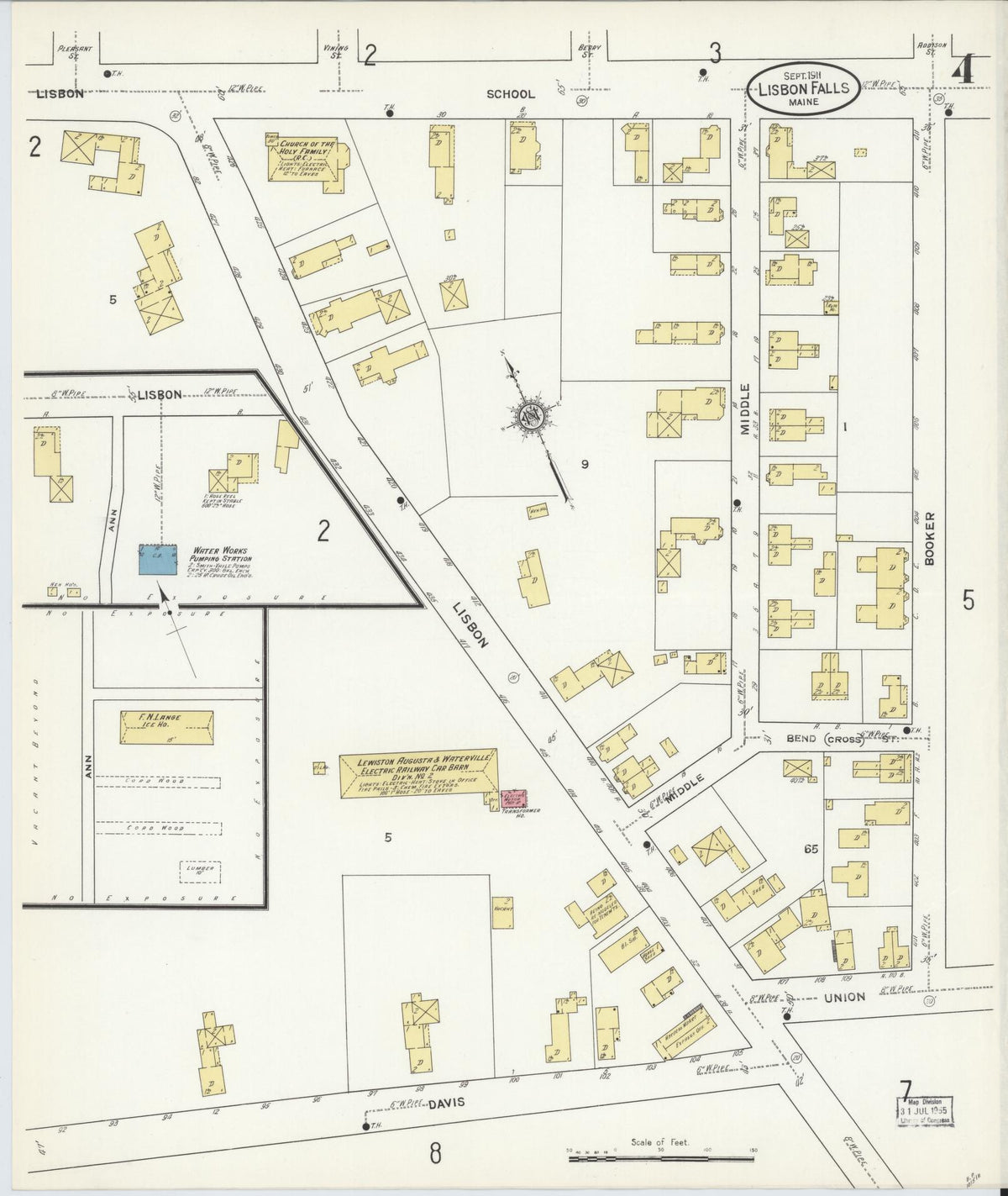 Sanborn Fire Insurance Map from Lisbon Falls, Androscoggin County, Maine (1911), Sheet #0004 - Historic Sanborn Fire Insurance Map Print, vintage old map wall art, antique decor, genealogy gift, Maine Maine map