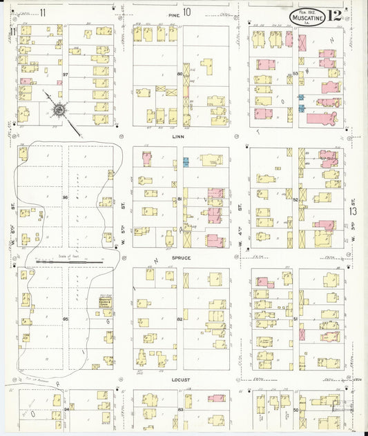 Sanborn Fire Insurance Map from Muscatine, Muscatine County, Iowa (1912), Sheet #0012 - Historic Sanborn Fire Insurance Map Print, vintage old map wall art