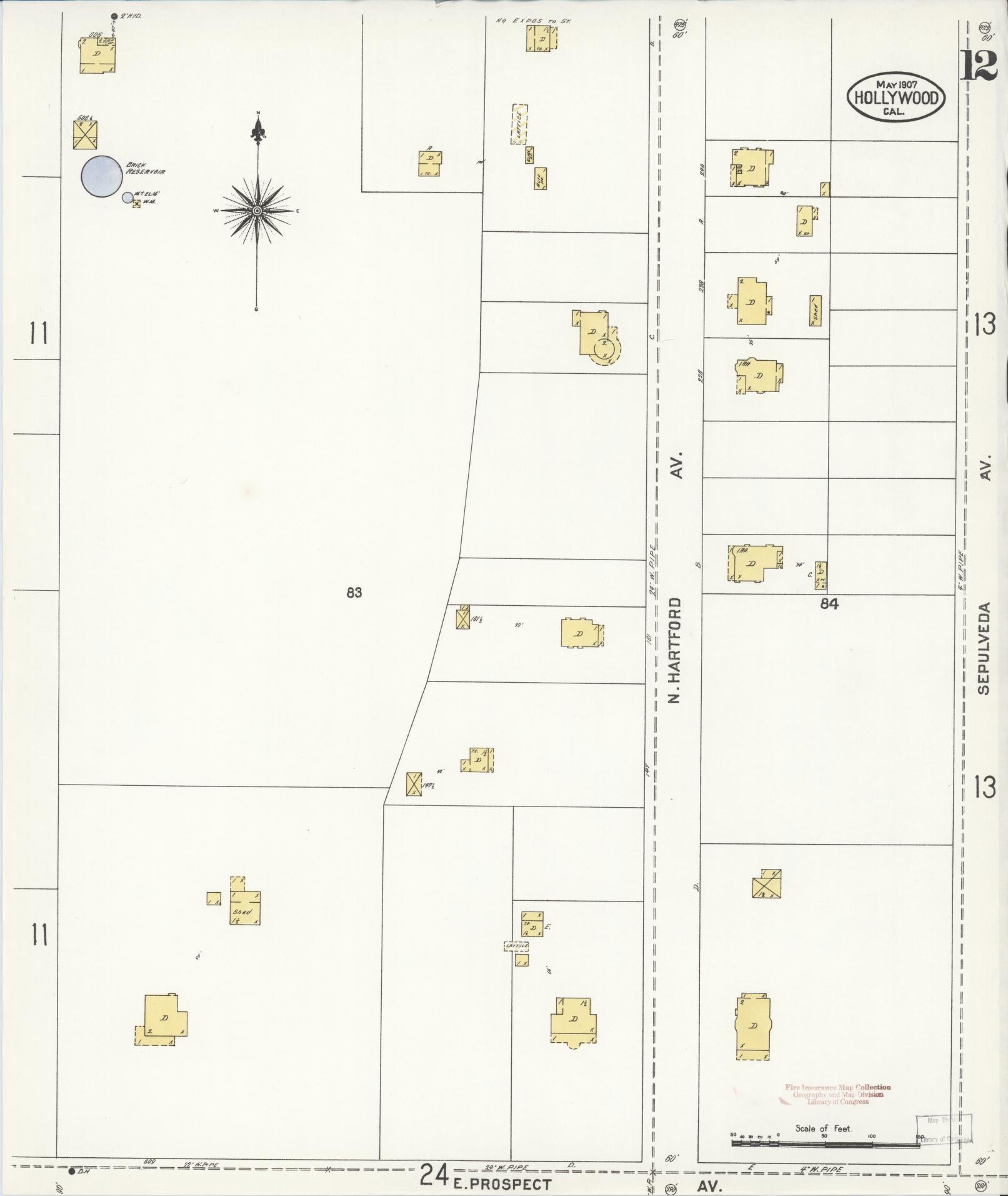 Sanborn Fire Insurance Map from Hollywood, Los Angeles County, California (1907), Sheet #0012 - Historic Sanborn Fire Insurance Map Print, vintage old map wall art, antique decor, genealogy gift, California California map