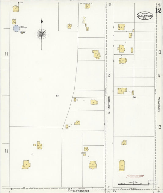 Sanborn Fire Insurance Map from Hollywood, Los Angeles County, California (1907), Sheet #0012 - Historic Sanborn Fire Insurance Map Print, vintage old map wall art, antique decor, genealogy gift, California California map