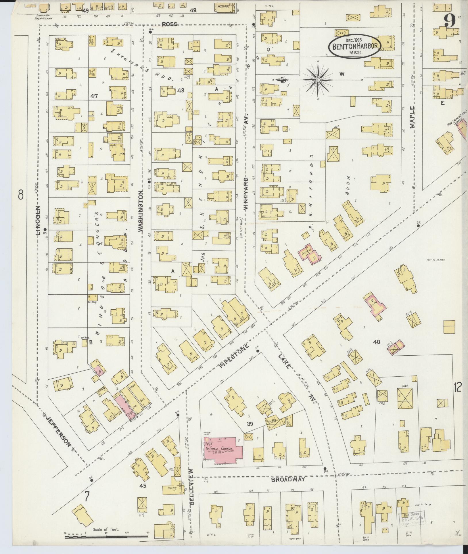 Sanborn Fire Insurance Map from Benton Harbor, Berrien County, Michigan (1905), Sheet #0009 - Historic Sanborn Fire Insurance Map Print, vintage old map wall art, antique decor, genealogy gift, Michigan Michigan map